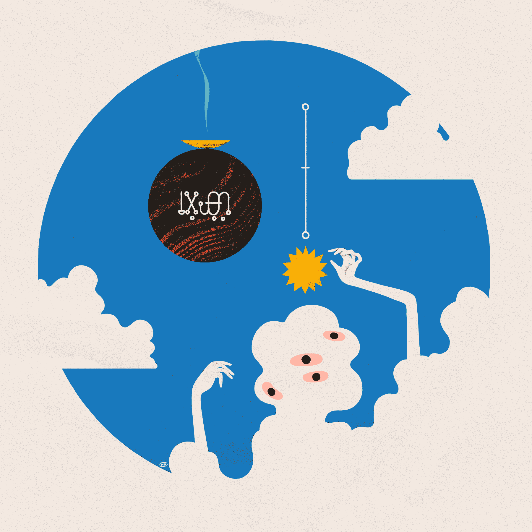 A multi-eyed, cloud-like entity reaches toward a golden star. Nearby, a red orb reads 'observe' in Wormrōte. Both form a composition on a circular, blue background.