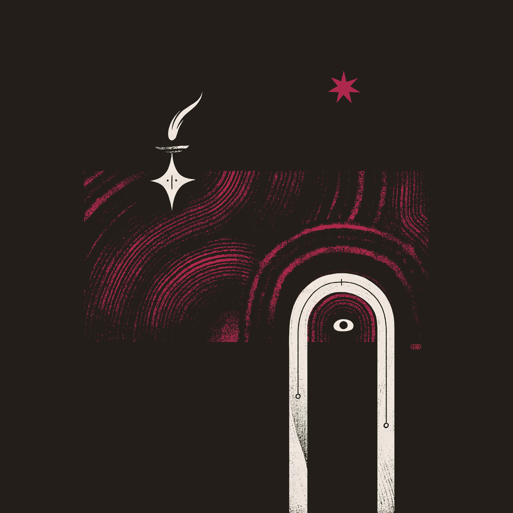 A white archway with an eye, a white star-like entity, and an offering bowl are in front of a purple, textured field on a black background.