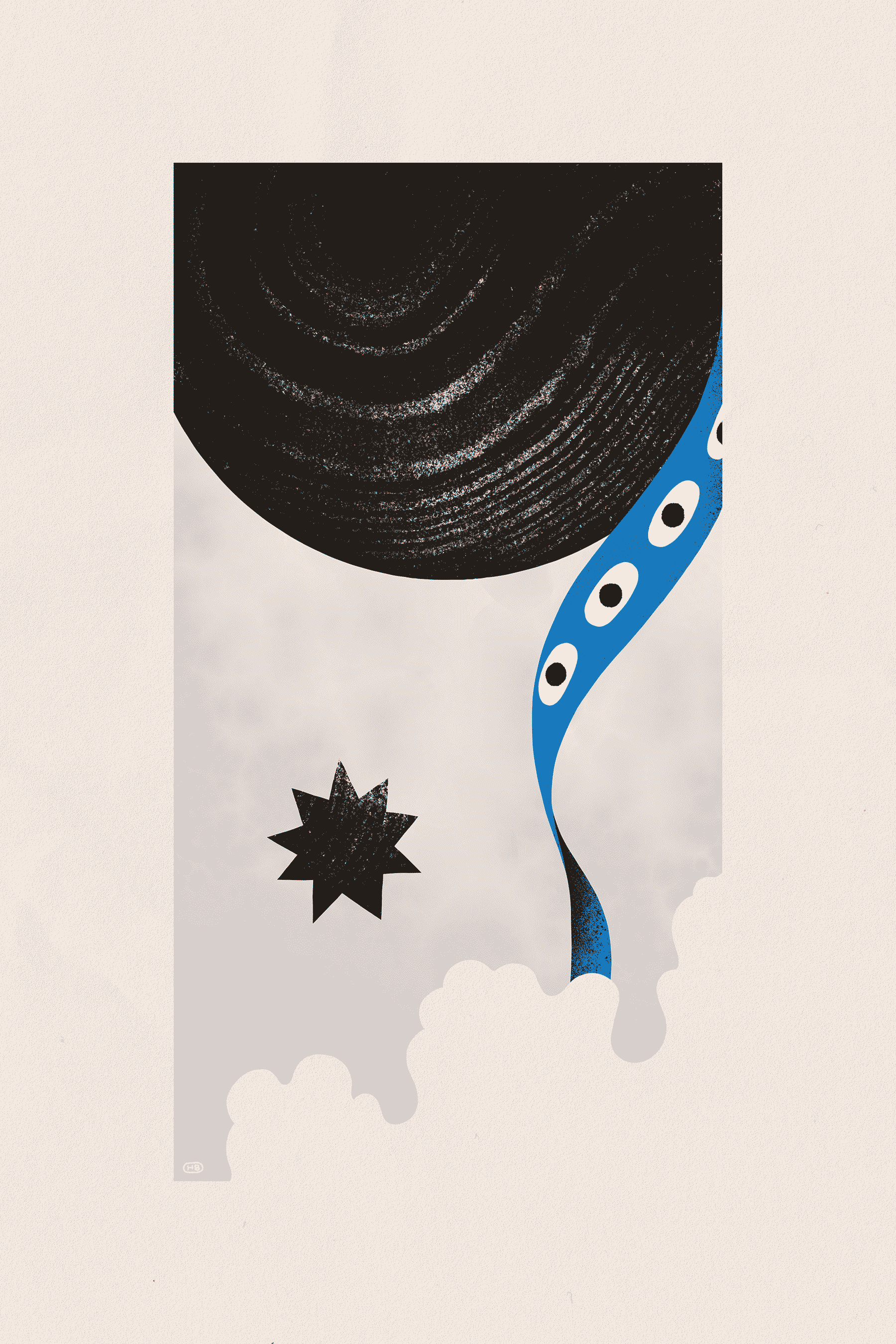 A blue, many-eyed, ribbon-like entity weaves between a large textured sphere and a black star.