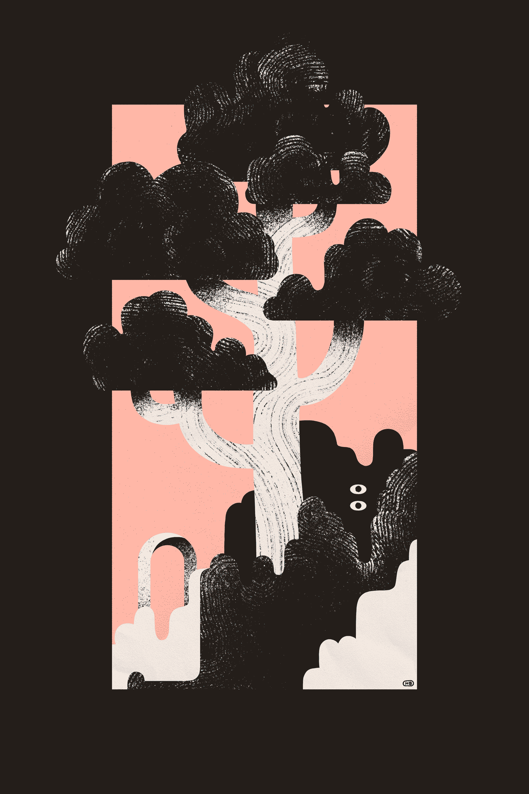 A tree stands tall above the forest floor, which contains an archway and two eyes. The composition is framed with a pink background.