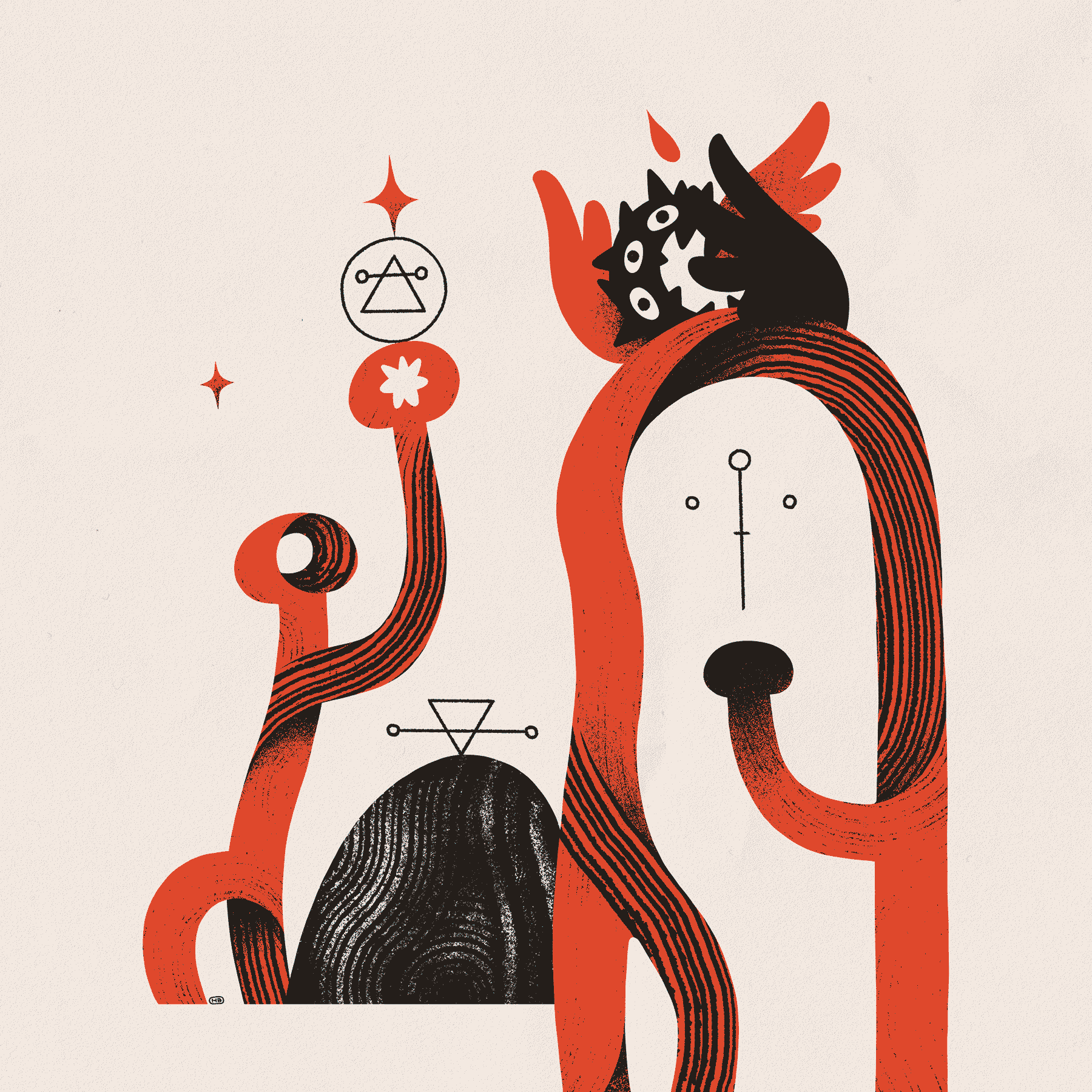Two red, arch-like figures engage in ritual. One holds a sigil aloft over an altar, and the other has a ring-like, spiked, many-eyed angel lodged in them.