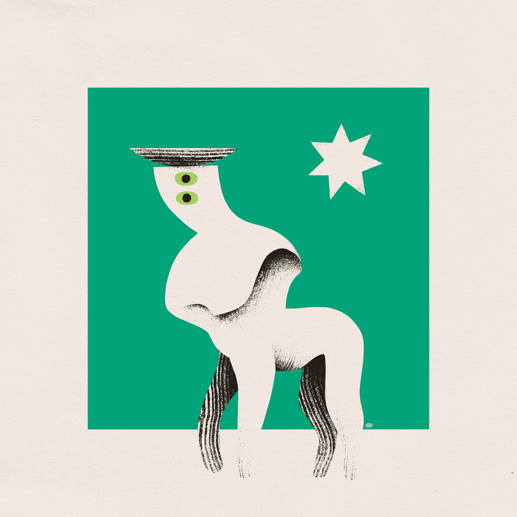 A very simplified, abstract centaur carries a bowl on their head while a star floats on a green background.