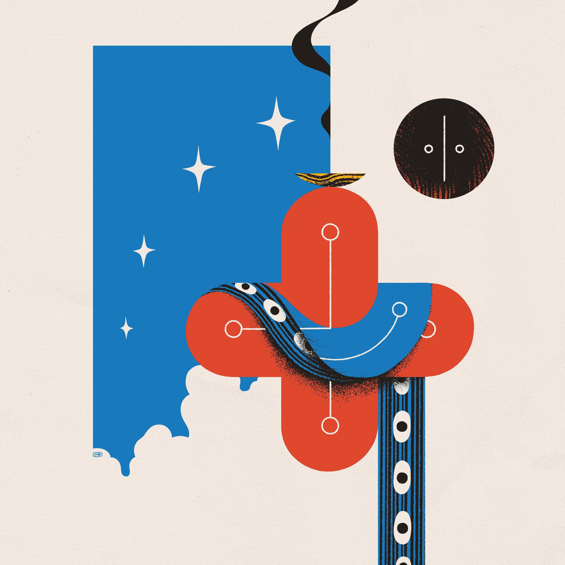 A rounded red cross is draped with a blue, many-eyed, ribbon-like entity. Above is a dark, circular mask, and behind is a blue sky with neatly arranged stars.