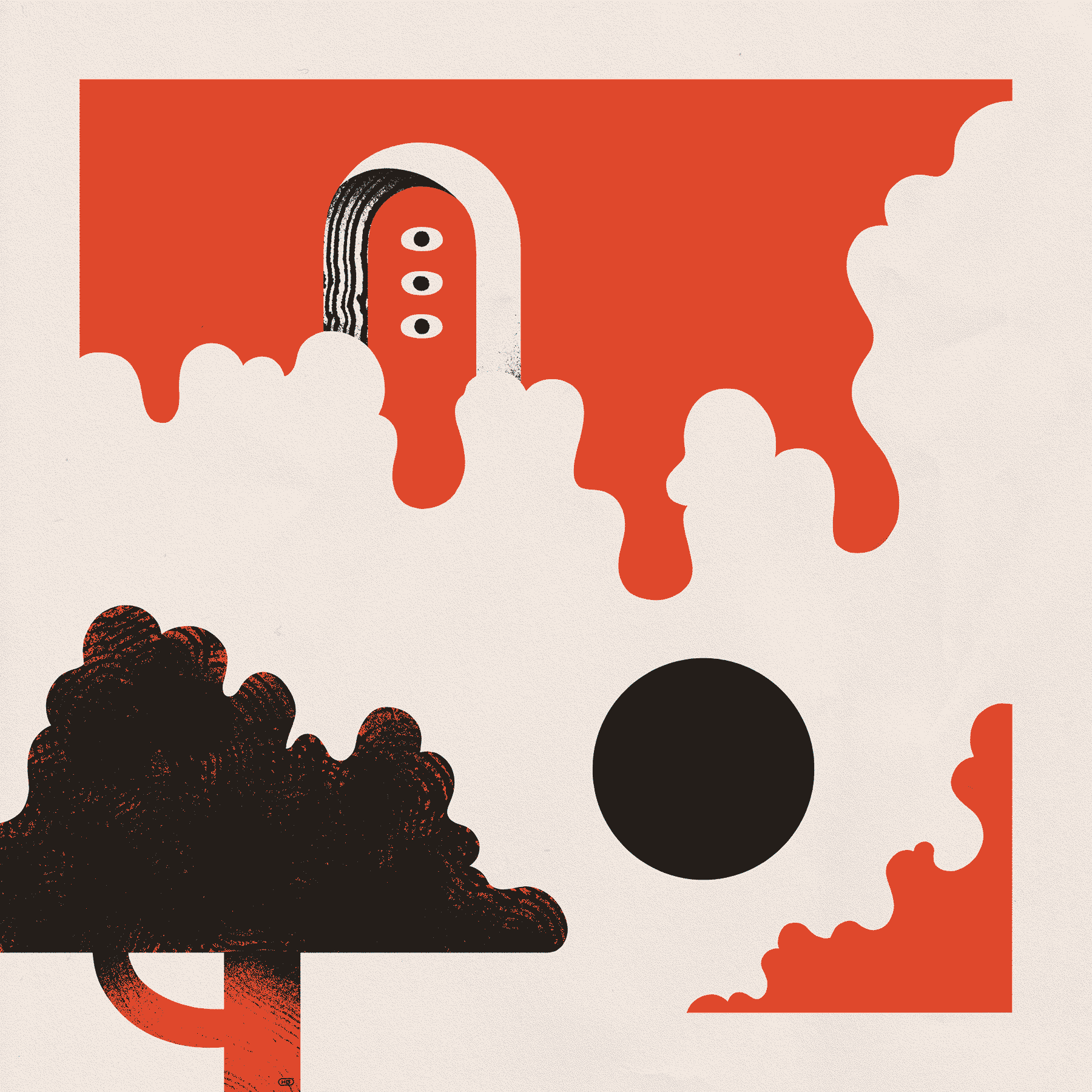 A tree, archway, and black circle are spaced between alternating white and red clouds.