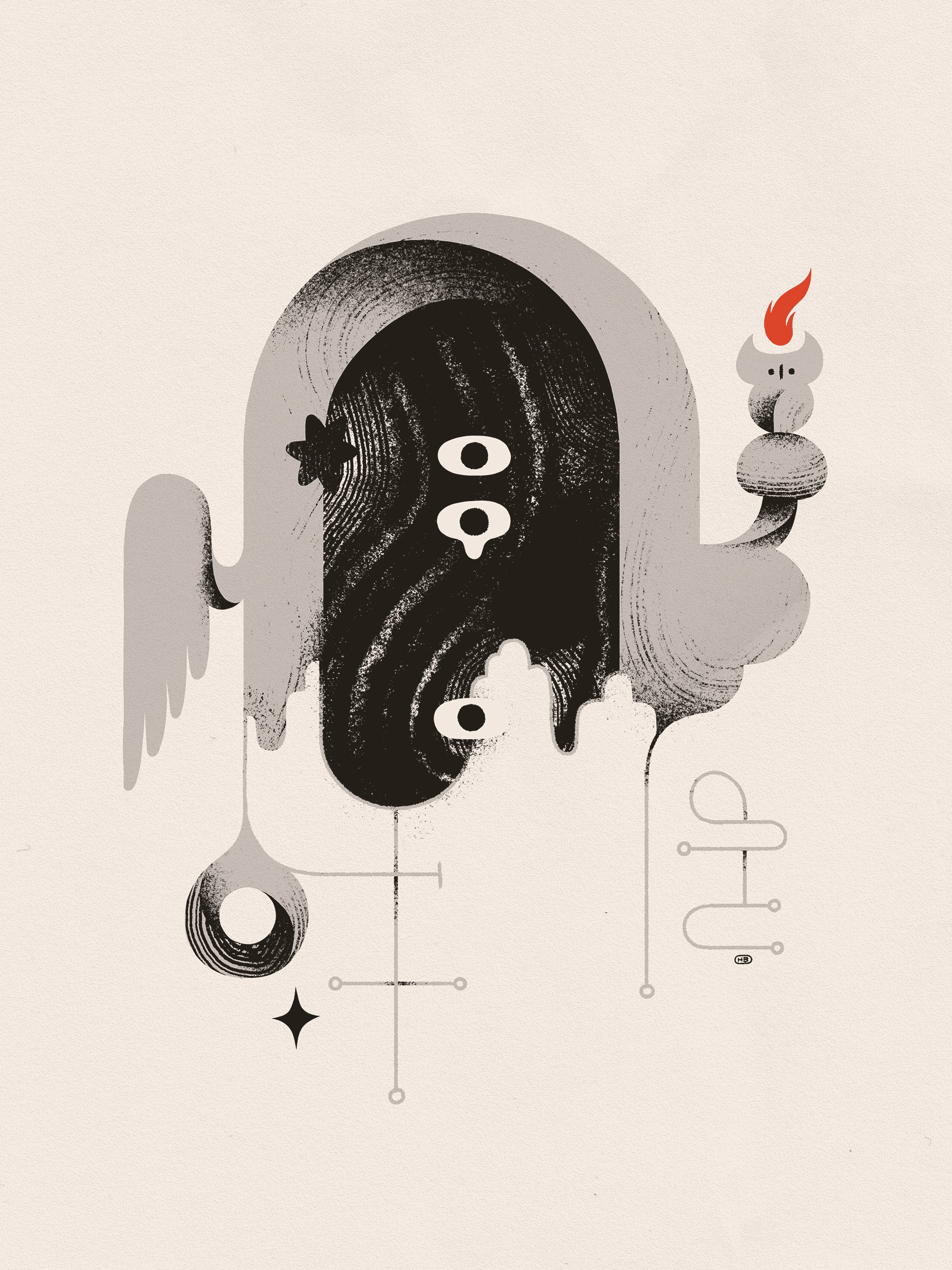 A gray archway filled with black texture and eyes hovers over sigils. A small owl-like entity sits upon a mushroom-like outcropping, gazing at the viewer.