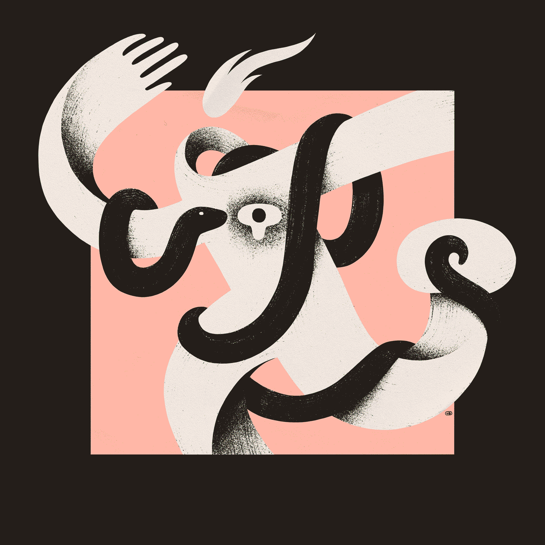A serpent wraps around a human-like figure, approaching the eye in their chest. The figure is overlaid on a pink background.