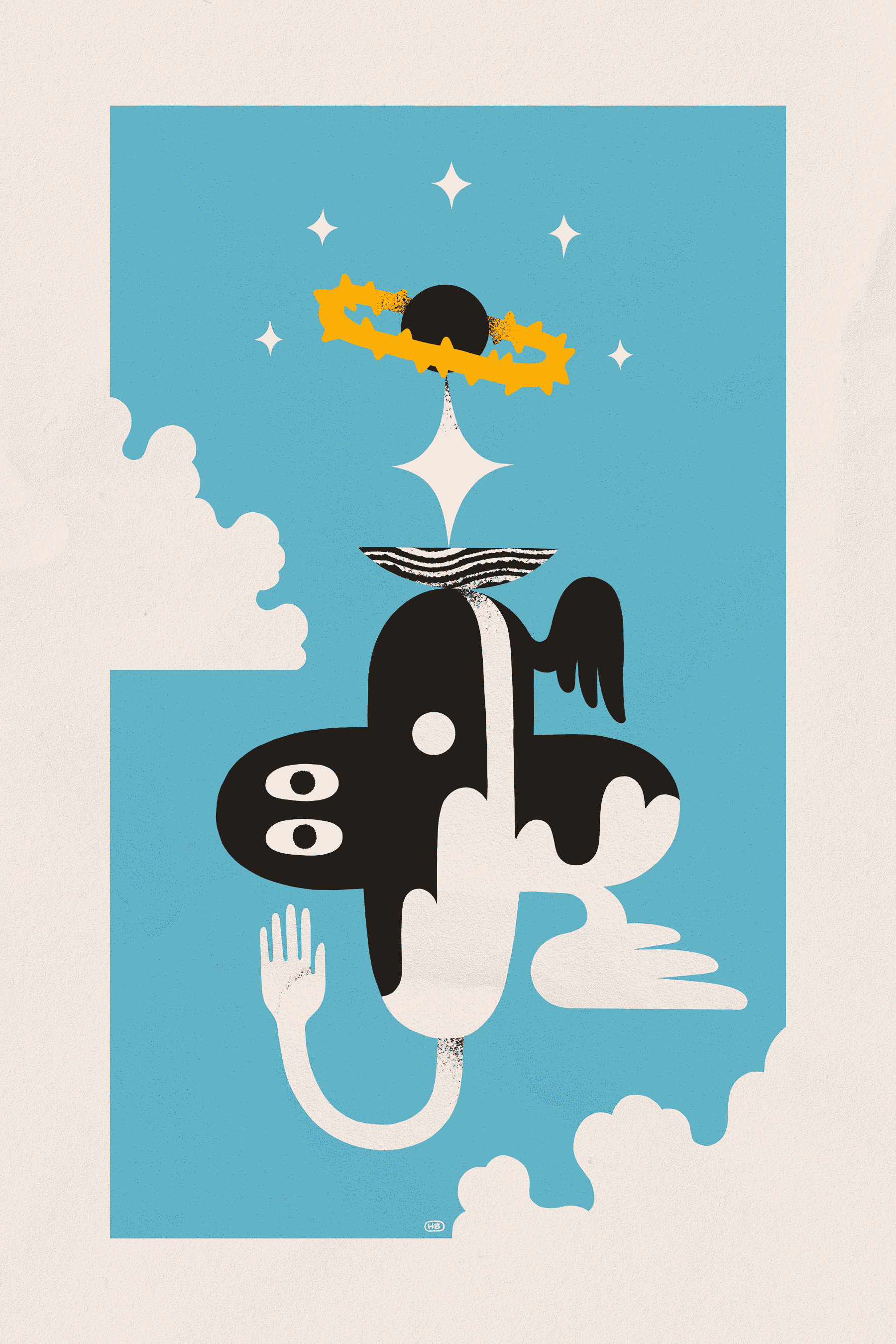 An abstract, cross-like, black and white entity with a stack of shapes upon them waves a greeting to the viewer.