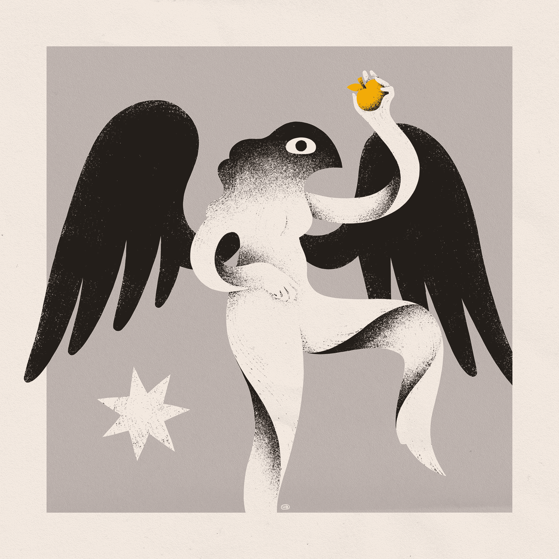 A winged, bird-headed woman holds aloft a golden apple.