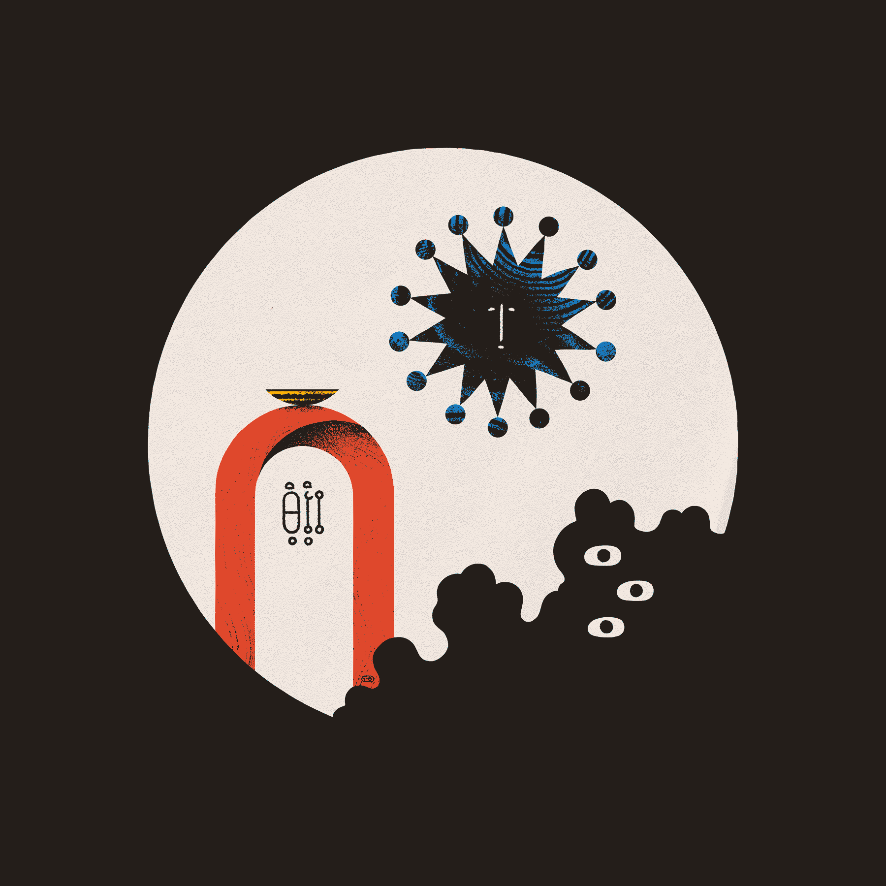 A red archway with Wormrōte reading 'radiate' is shrouded by a black, multi-eyed, cloud-like entity. A textured, blue, star-like entity floats above.