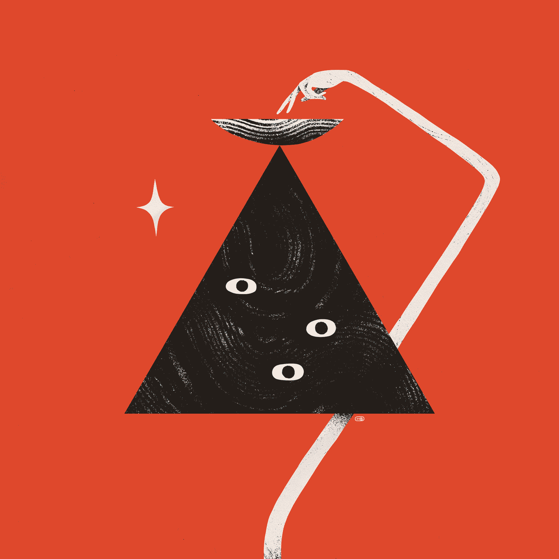 A textured black triangle with eyes inside floats on a red background. A white, many-jointed arm reaches upward to dip fingers within an offering bowl.