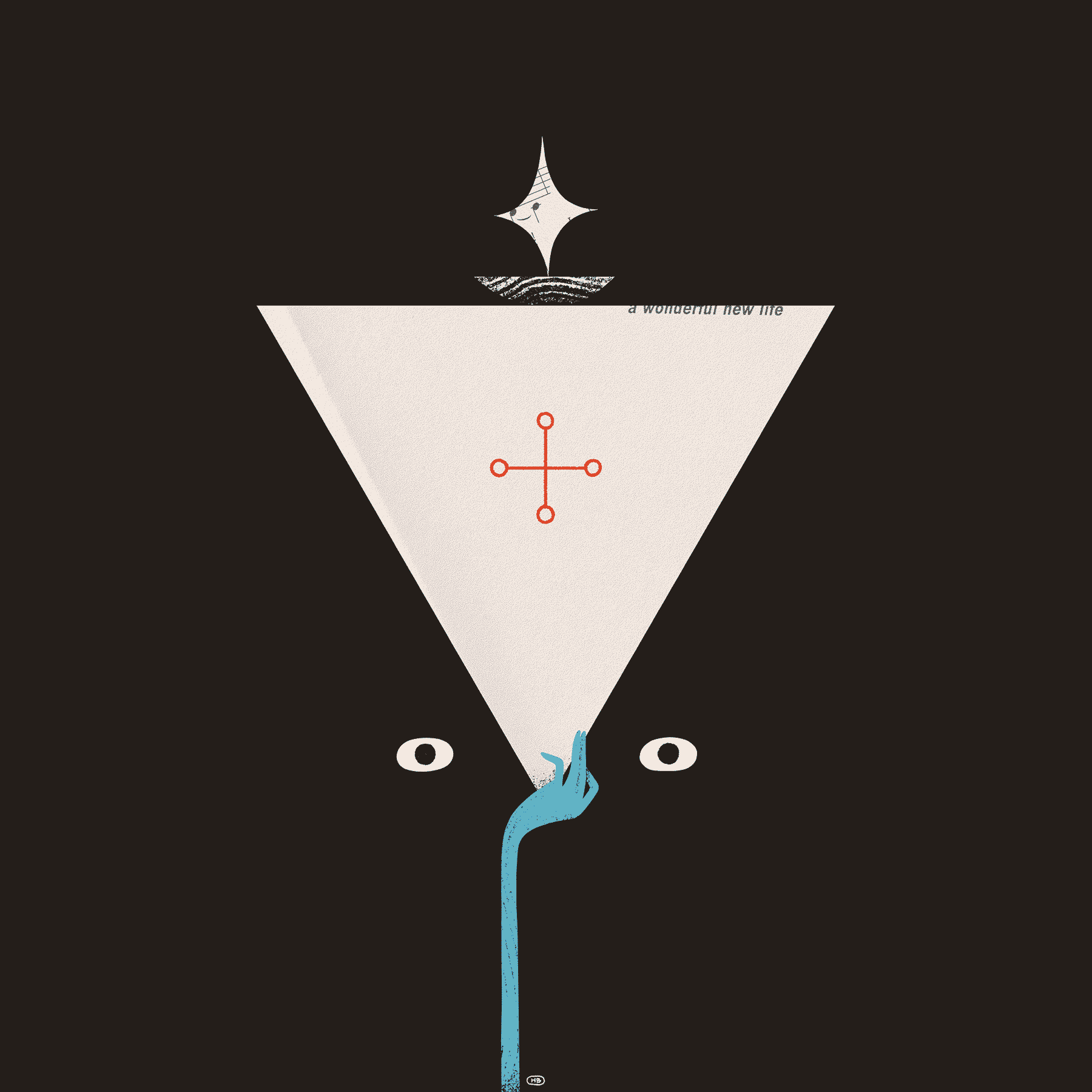 A blue hand reaches upward to cradle a large white triangle with a red, cross-like shape in the center. A bowl with an offering is above, and two eyes peer from behind the scene below.
