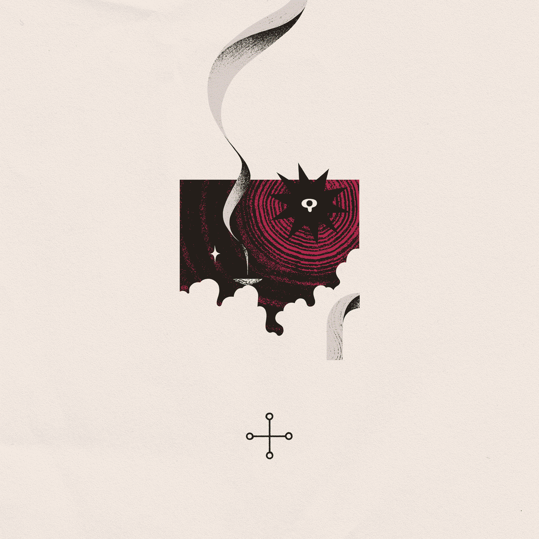 A violet square is obscured by clouds. Texture fills the square and offering smoke leaves the frame as a black, star-like entity weeps. Below, a cross-like sigil can be seen.