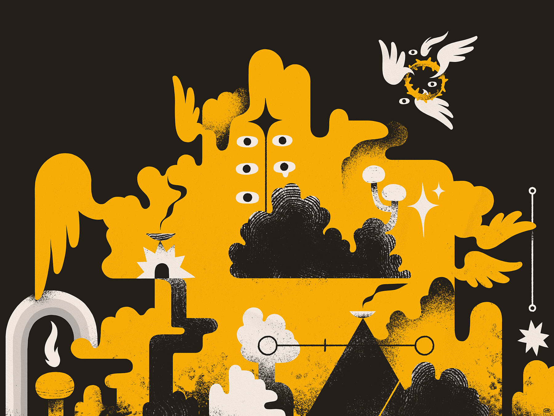 A complex landscape rendered in gold, featuring a many-eyed mountain with wings, clouds, offerings, a rainbow, a waterfall, mushrooms, sigils, and a three-winged, ring-like angel overhead.