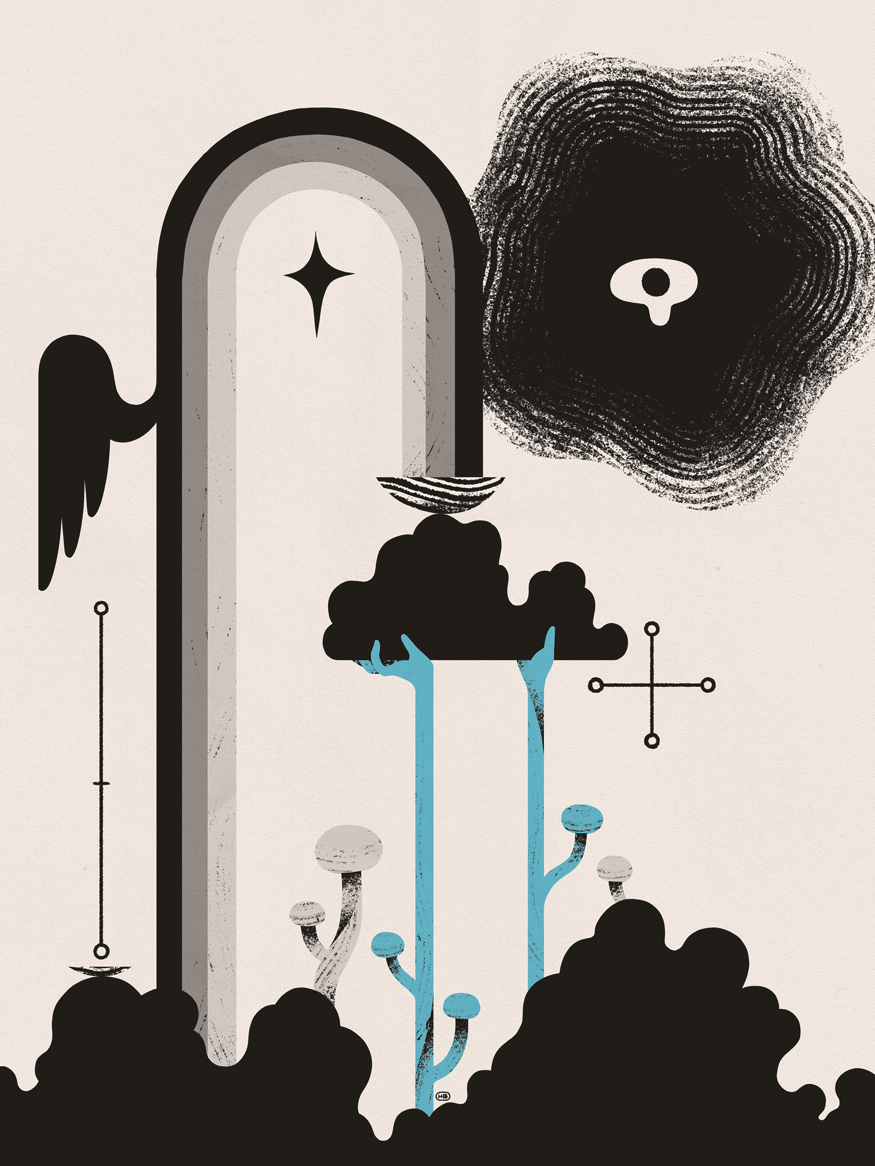 Blue hands hold up a cloud which is catching a winged, monochrome rainbow. A black cloudscape can be seen below, and a wavy void with a single eye hovers overhead.