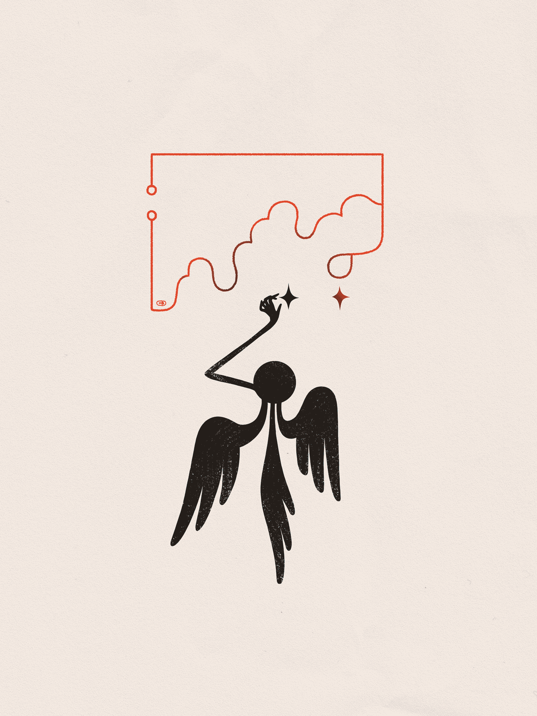 A black, winged, one-armed entity places a star within a red sigil that resembles a cloudscape.
