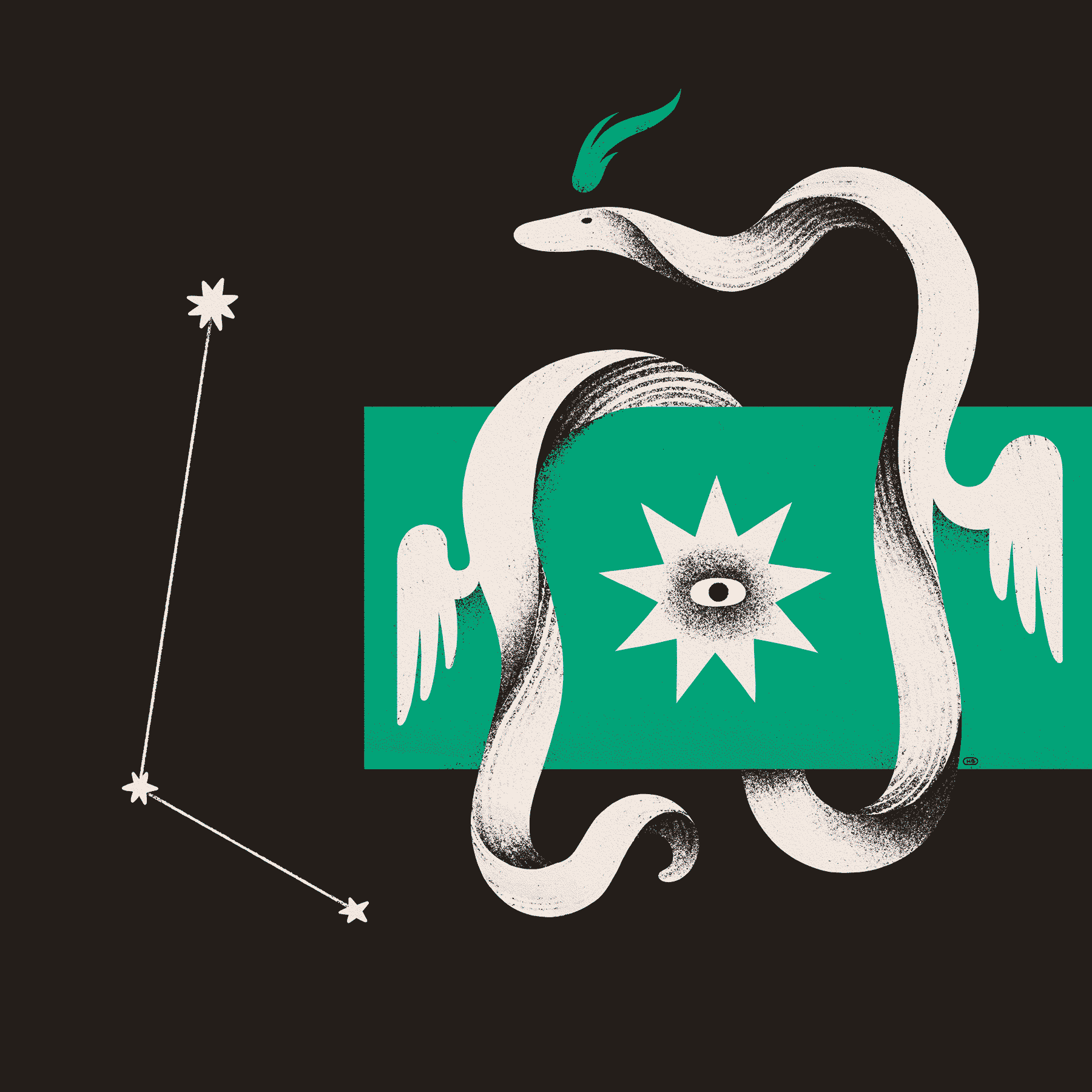 A winged serpent winds around a green block with an eyed star inside. A simple constellation can be seen in the background.