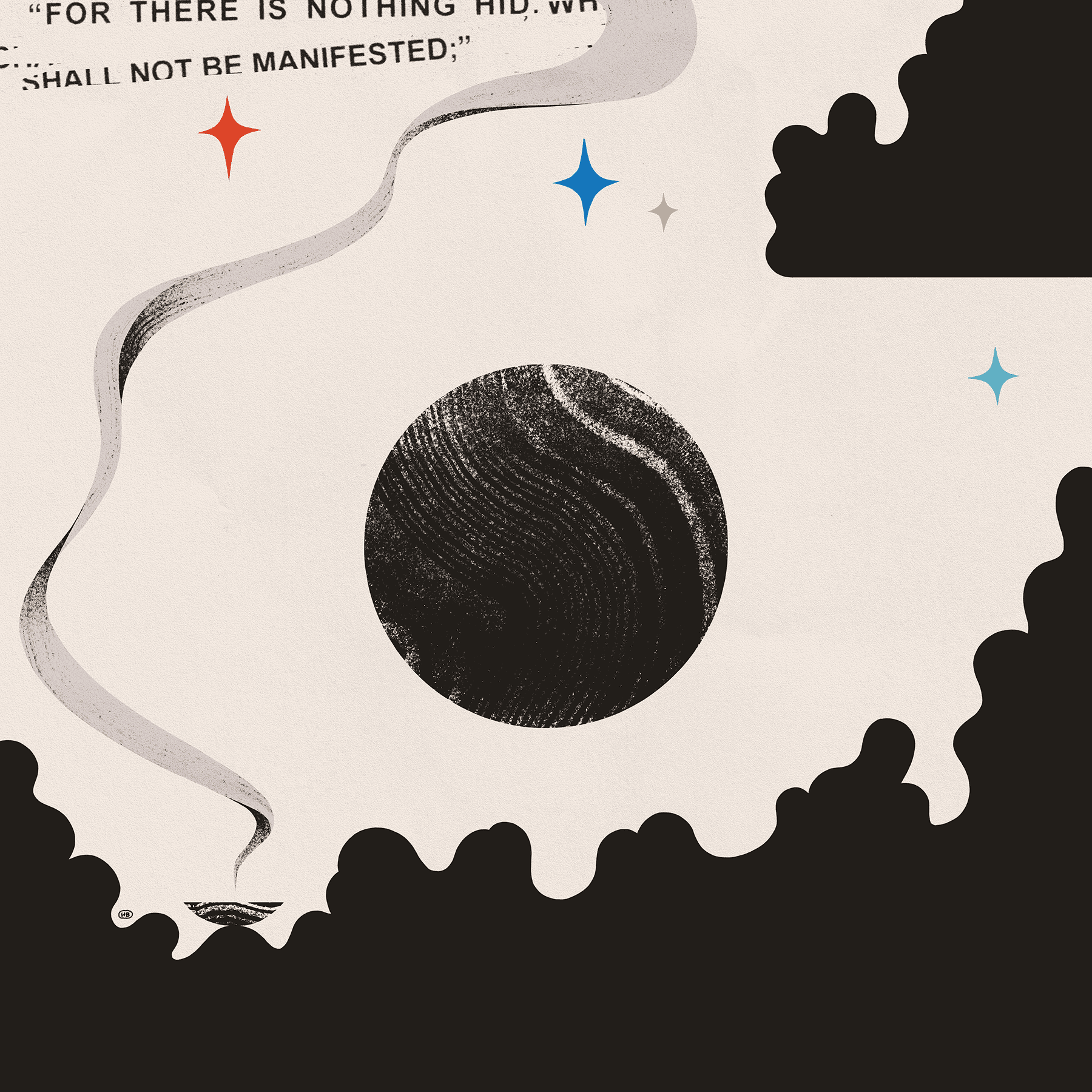 Incense smoke rises from a bowl laid on a black cloudscape. Multi-colored stars and biblical text collage dot the sky, and a textured black sphere appears to form an eye gazing at the viewer.