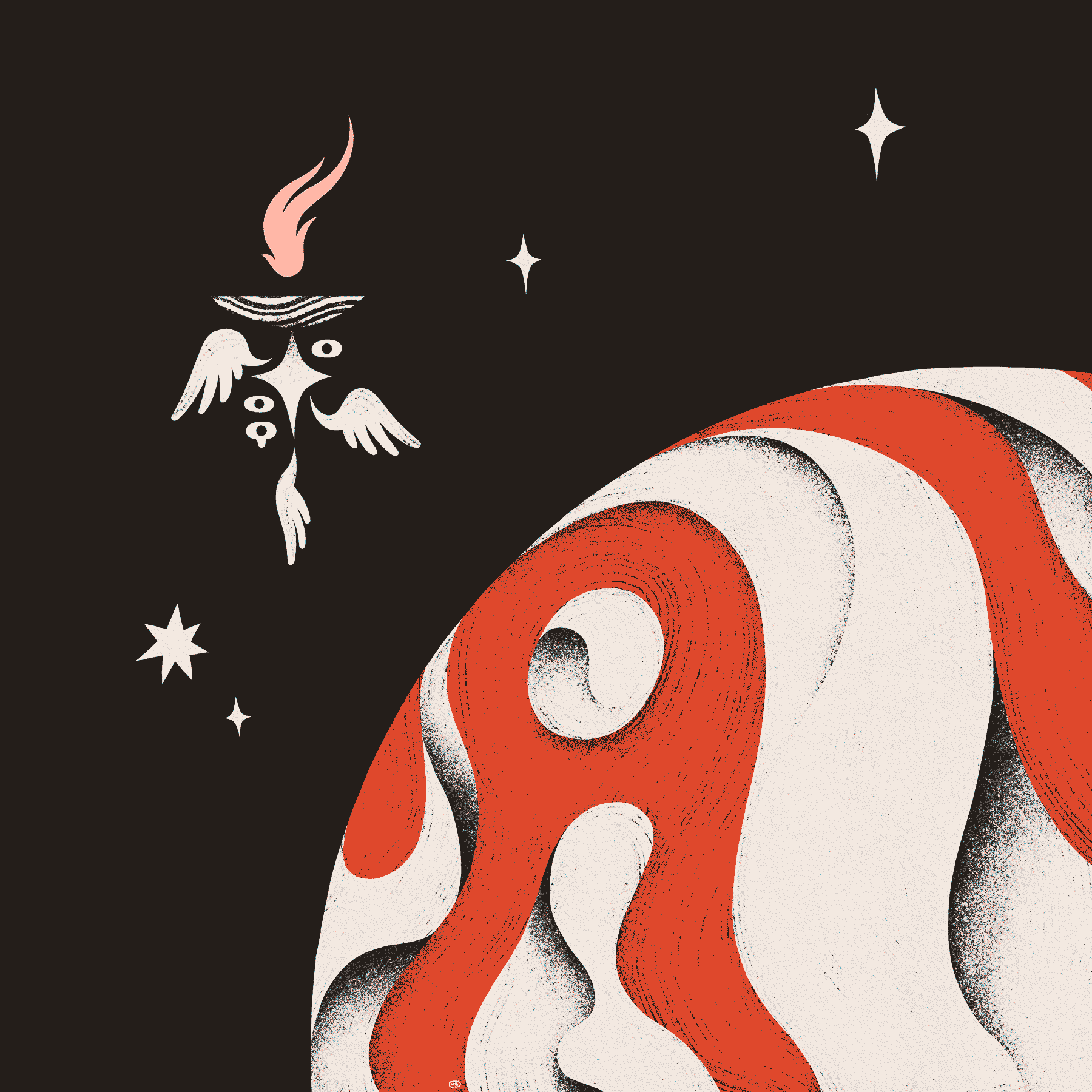 A three-winged, three-eyed angel hovers over a planet banded with land formations in white and red.