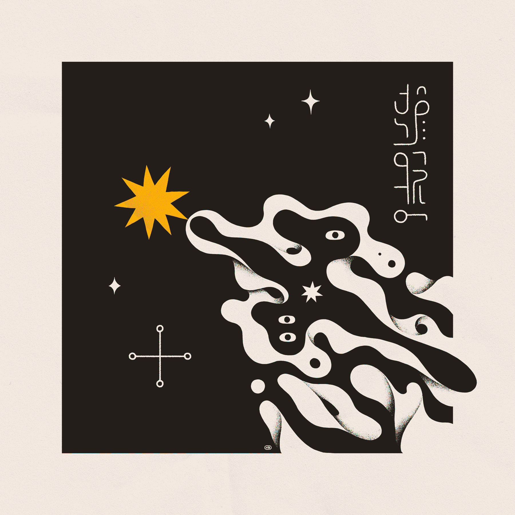 A entity resembling spilled fluid reaches up into the night sky toward a star. The frame is decorated with a cross-like sigil and asemic text.