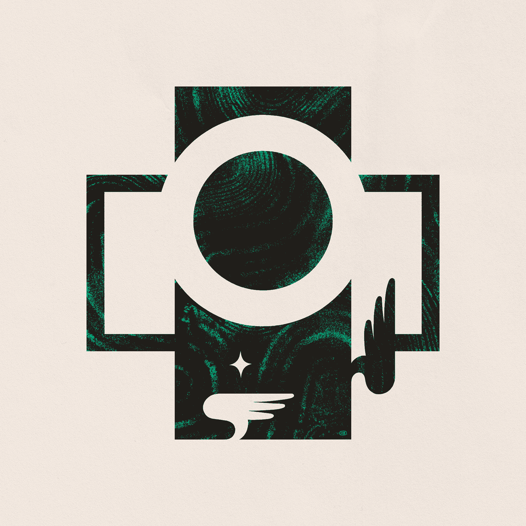 A heavy, green, textured, cross-like shape dominates the composition. Cut out from the cross are wings and a ring.