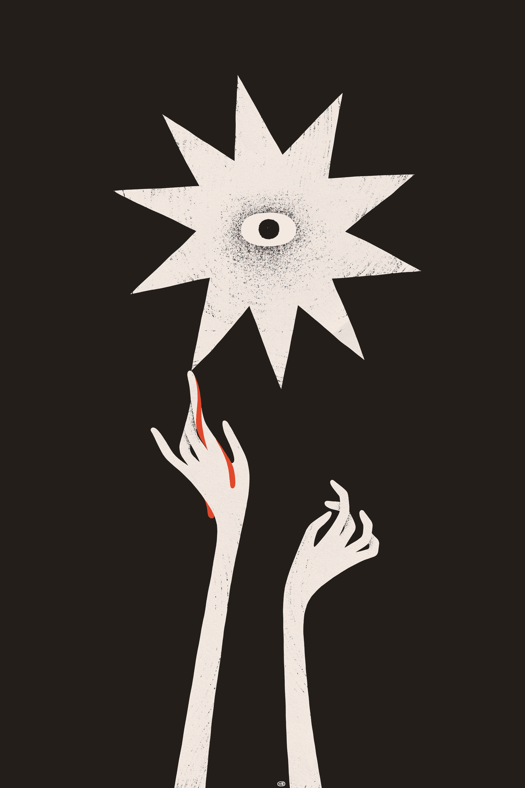 Two hands delicately reach upward toward a sharp star with an eye in the center. One of the fingers makes contact, drawing blood.