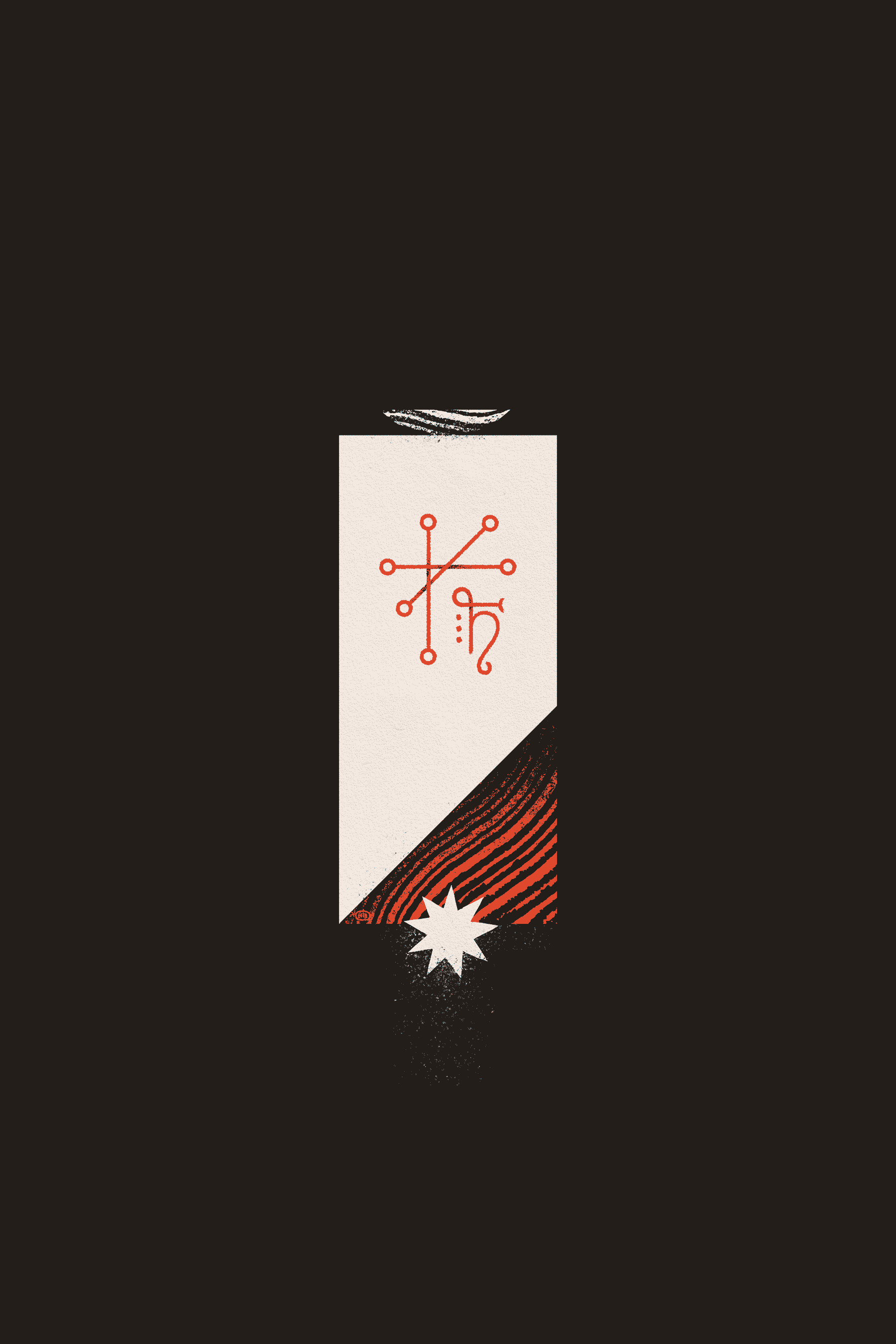 A tall, rectangular block with a red sigil on it appears to be cut near the bottom by a star. Dust falls from the impact below.