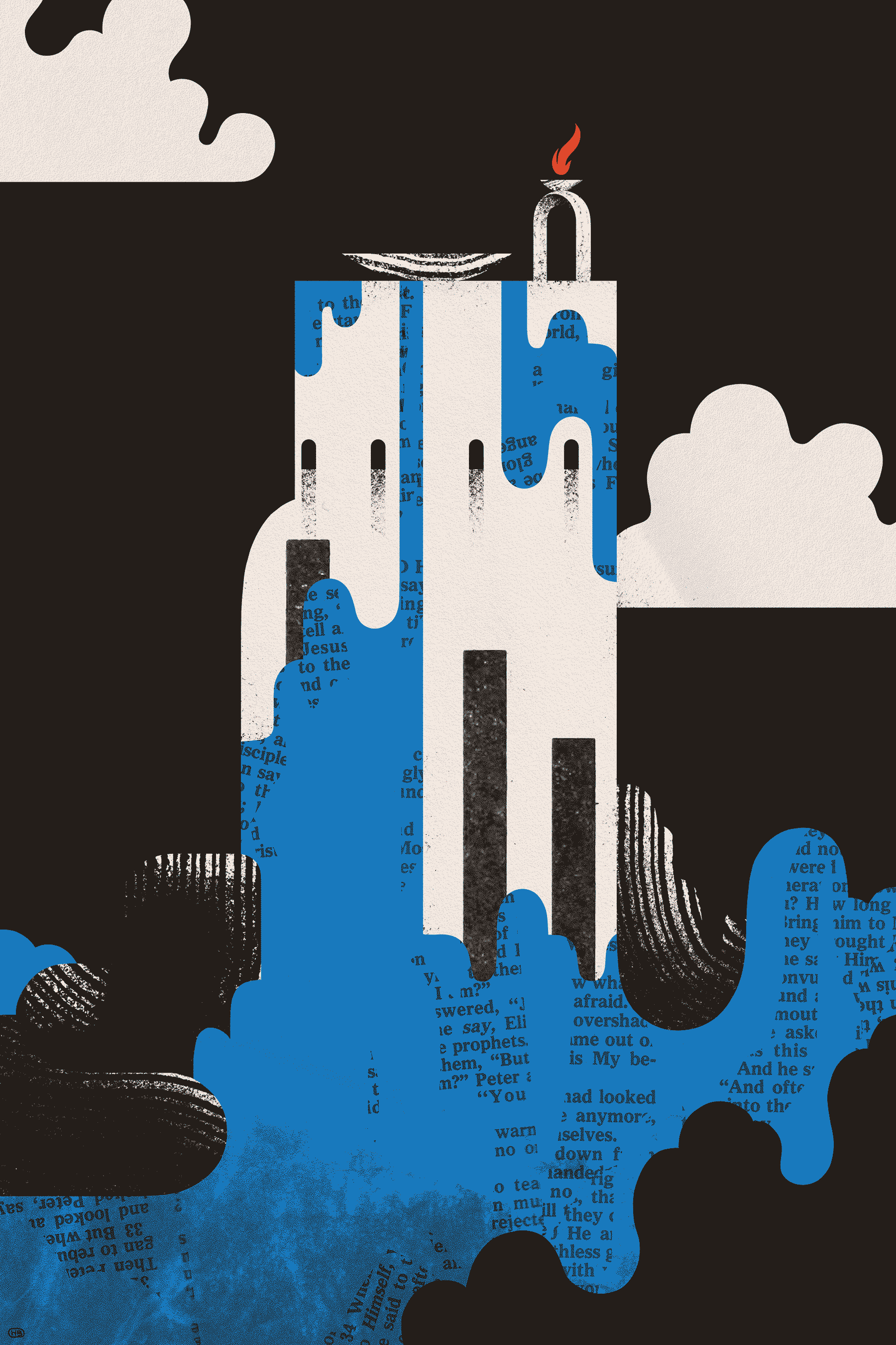 A tower floods, and the water is filled with various Biblical text collage.