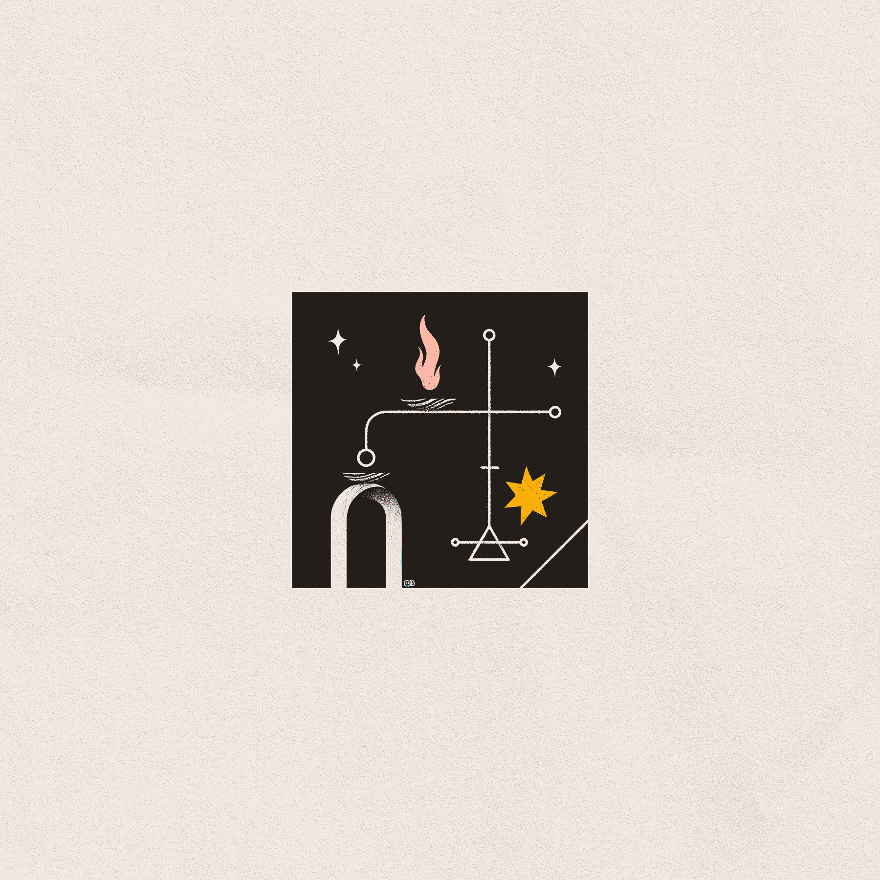 A sigil connects an archway, an offering bowl, and a star. All is within a small black composition on a large white background.
