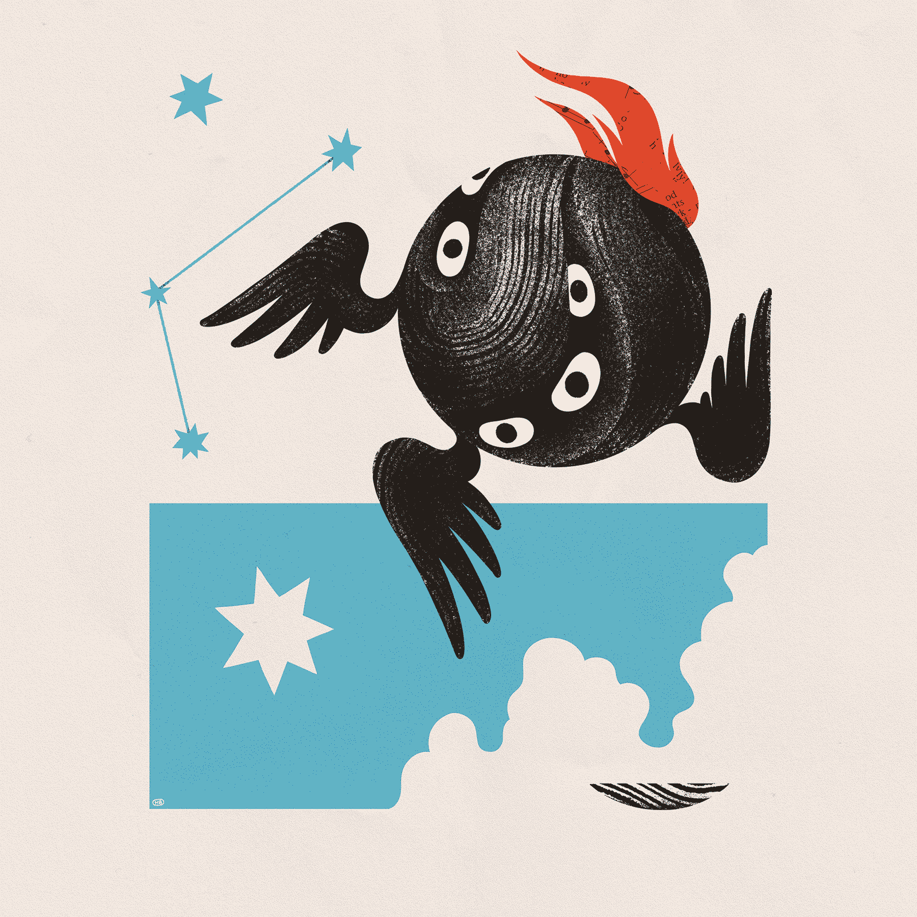 A many-eyed, black, textured, spherical entity hovers near a constellation, above a light blue cloudscape.