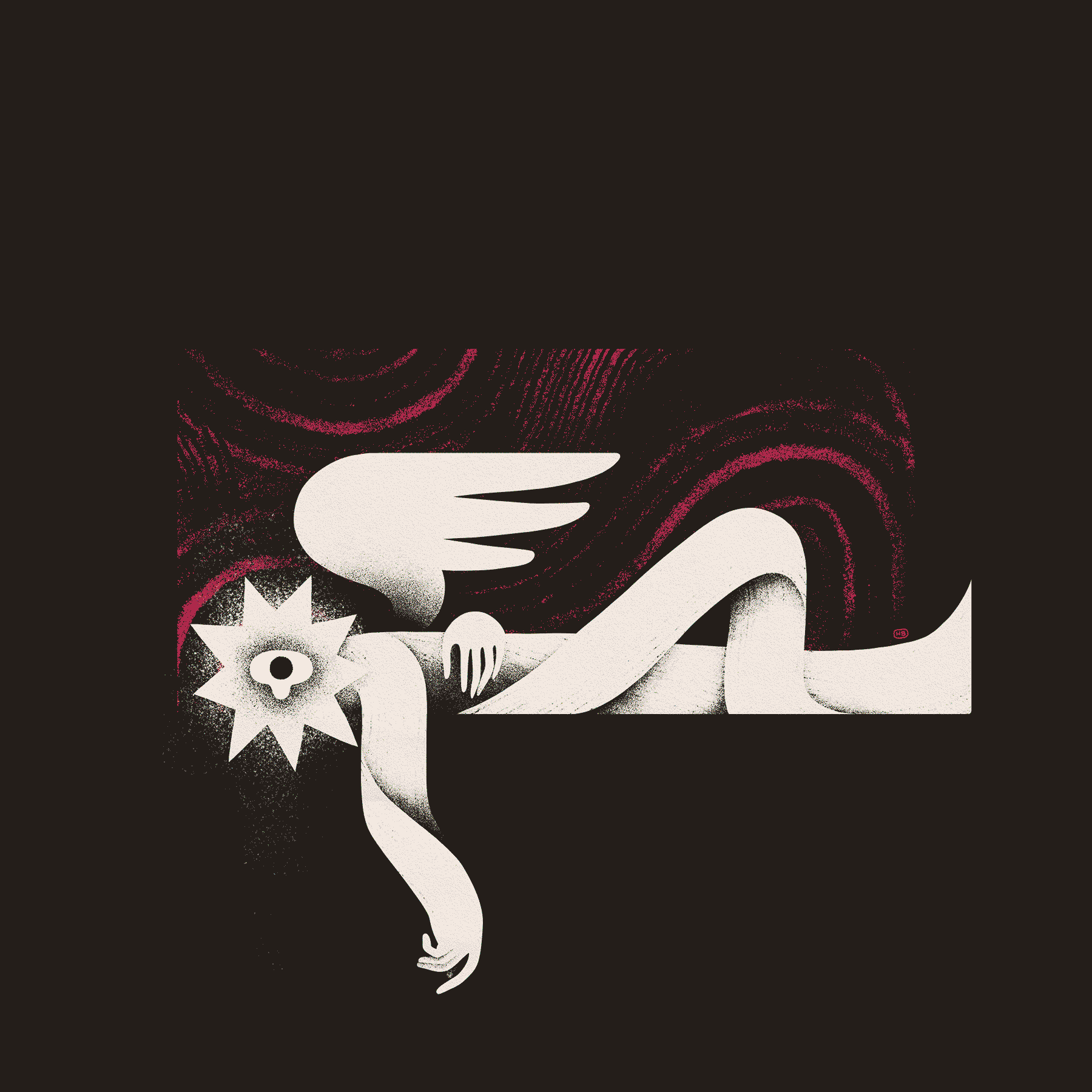 A star-headed, angelic entity lays supine just inside a textured, violet frame. They gaze at the viewer, crying.