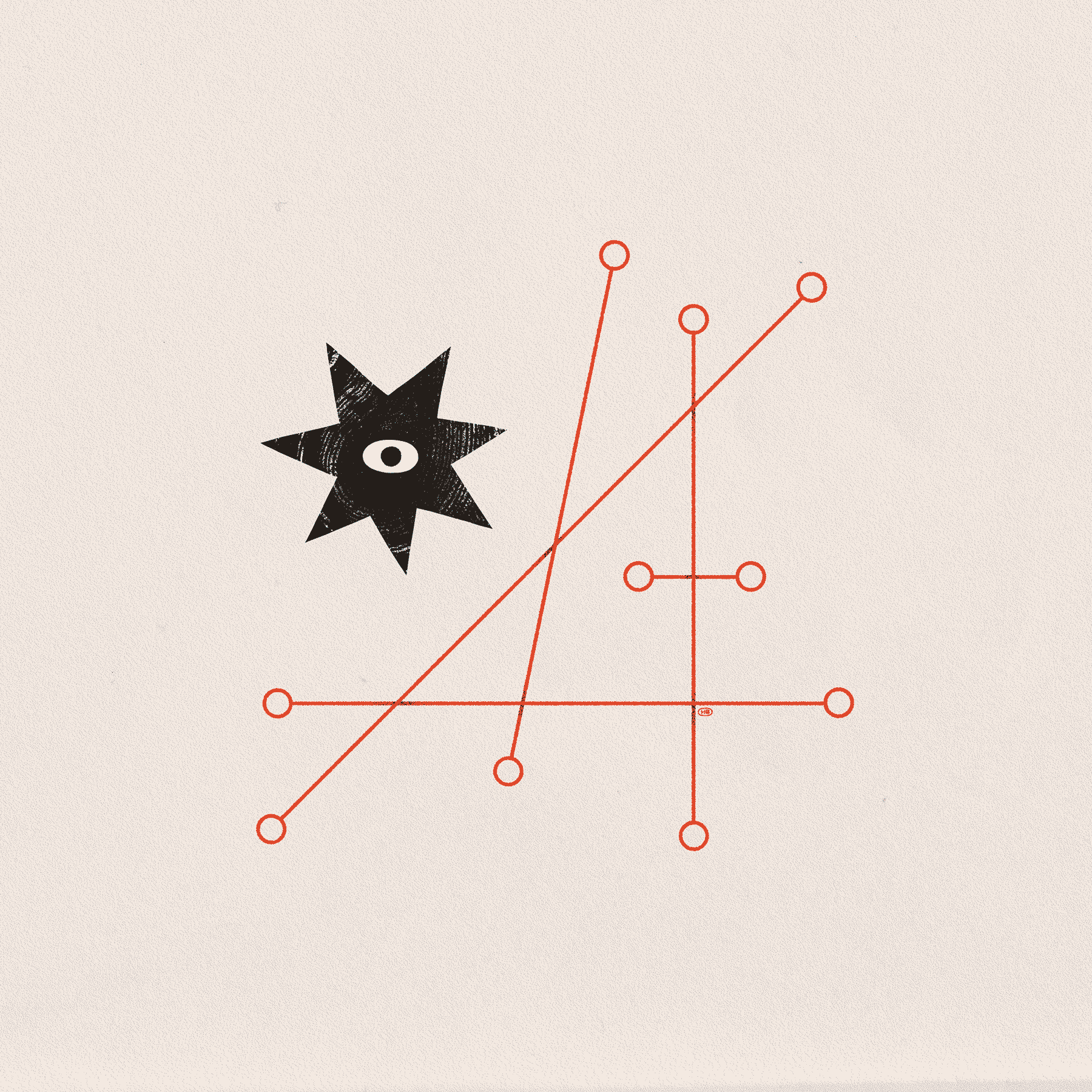 A black, textured star with an eye in the center peers from above a red sigil composed of straight lines and circles.