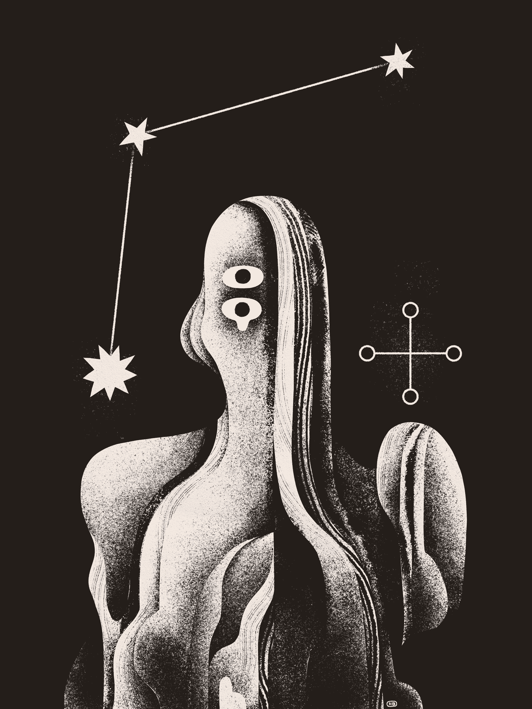A textured, human-like bust gazes at the viewer with one teardrop being shed from the lower of two vertically-aligned eyes. A sigil is placed beside the head, and a constellation above.