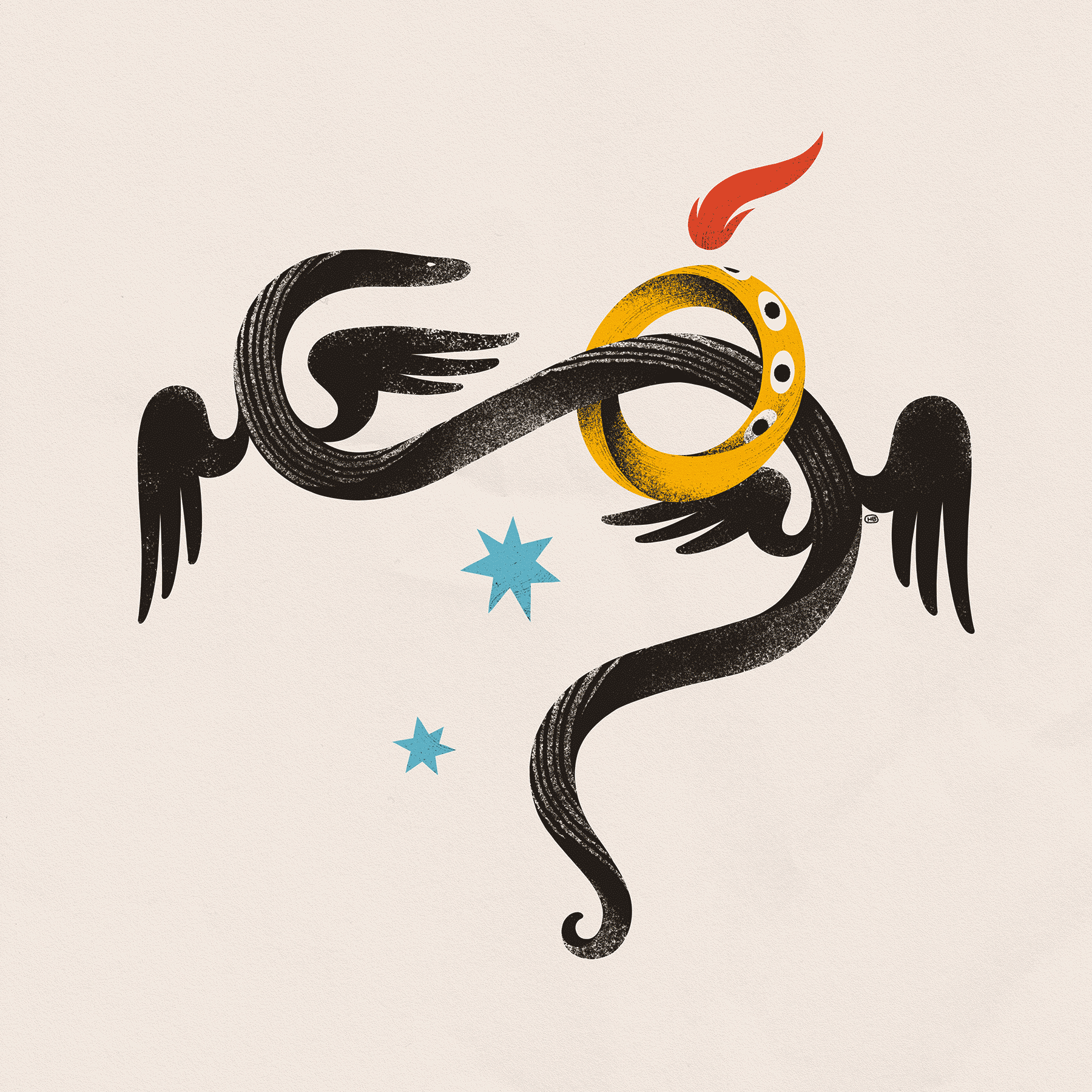 A winged serpent winds through a many-eyed, ring-like entity. Together they are flanked by two blue stars.