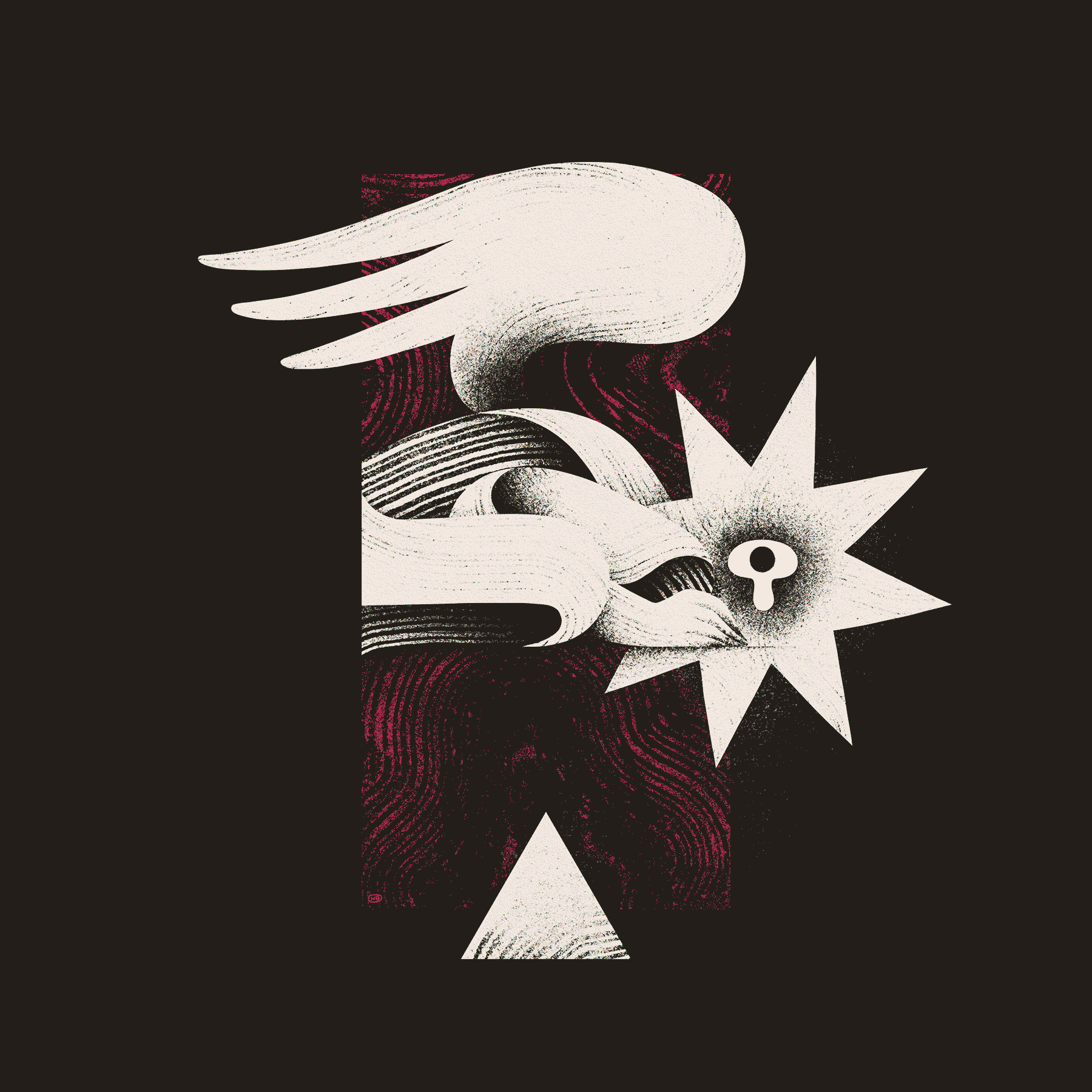 A winged, star-headed figure kneels and weeps while floating over a pyramid on a textured, violet background. 