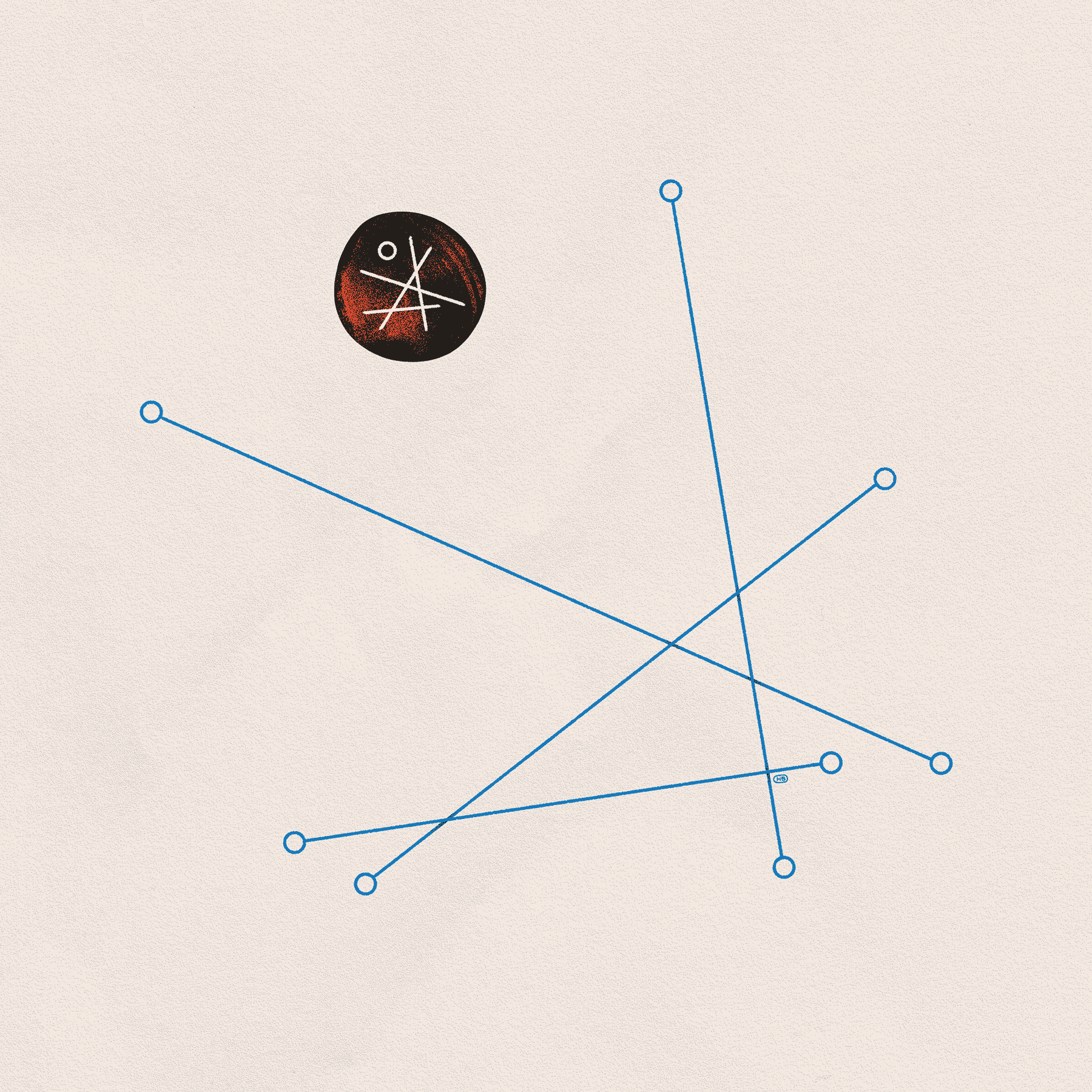 A series of blue lines with circles at the ends are mimicked by the same markings on a red stone.
