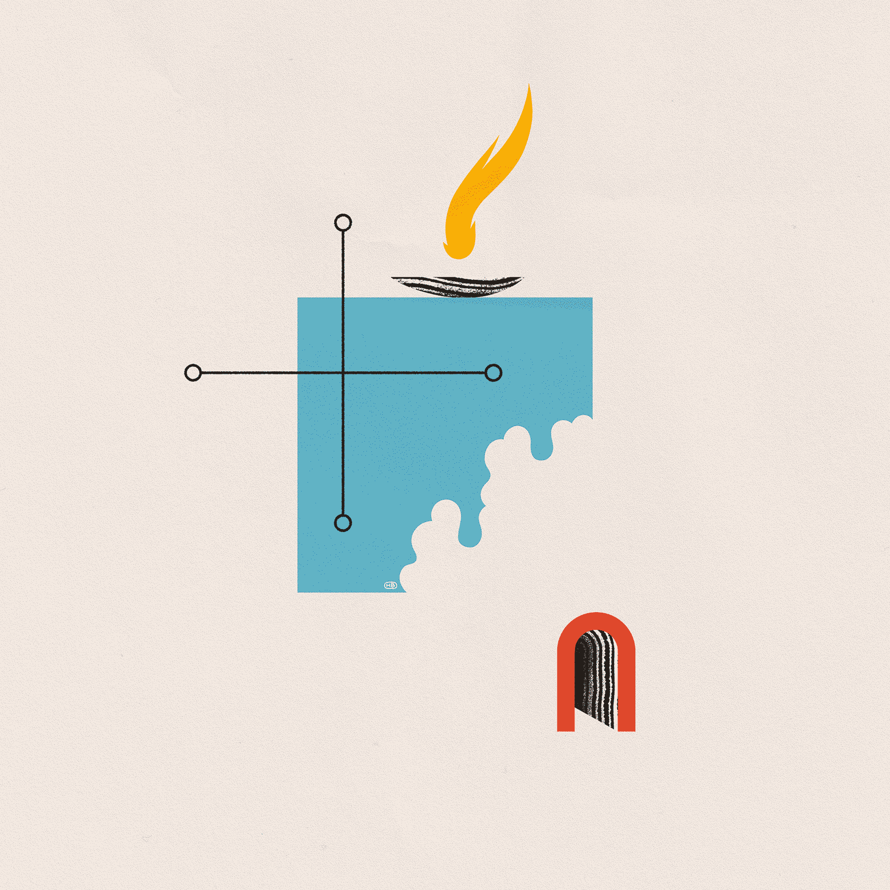 A blue, square cloudscape is overlaid with a sigil and a flaming offering bowl. Below them is a red archway leading to a tunnel.