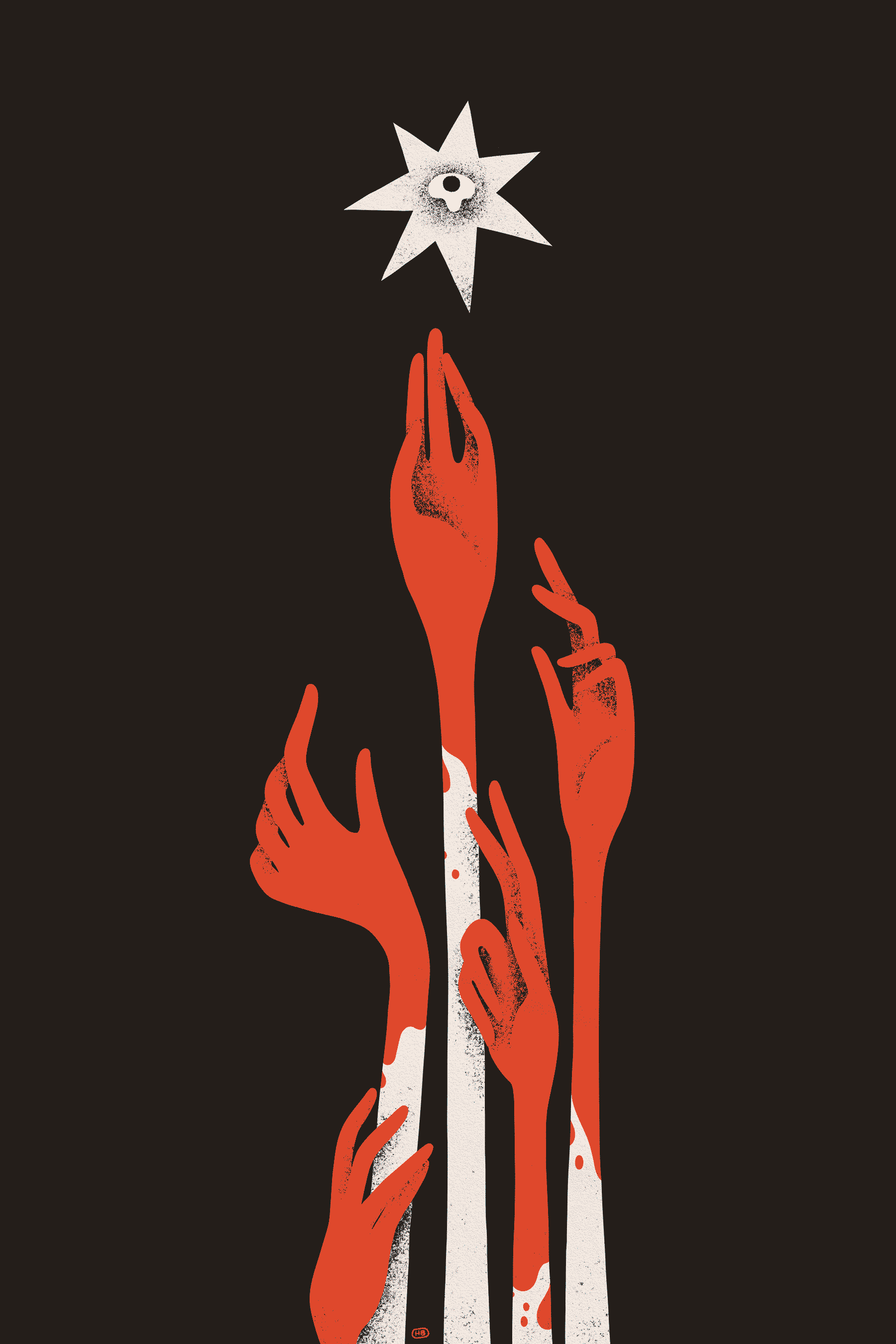 Five hands covered in blood stretch upward, grasping at a single-eyed star who attempts to escape.