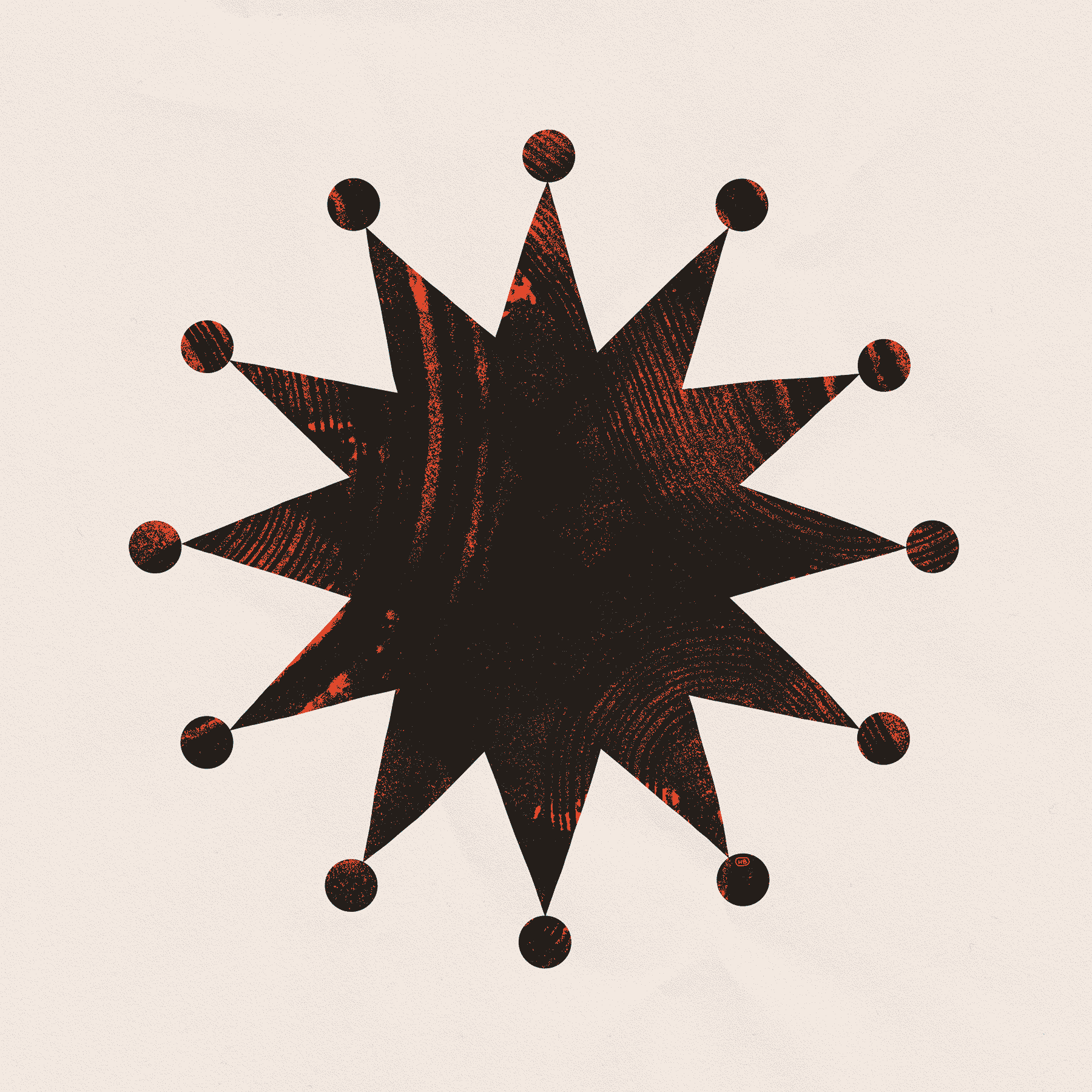 A red, twelve-pointed star with circles at each point is filled with heavy, striped, black textures.
