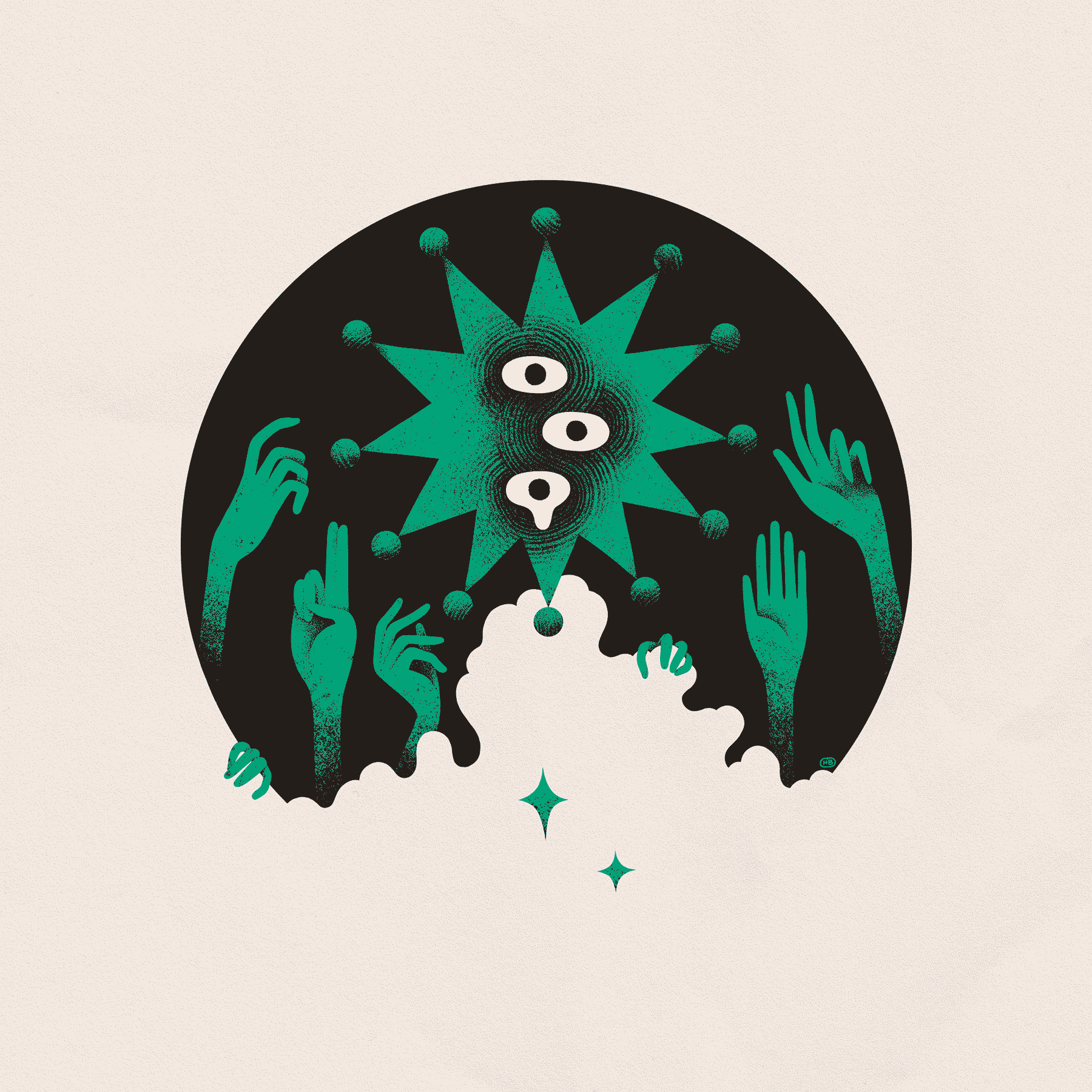 A green, star-headed, three-eyed entity peers at the viewer from above a cloudscape, gesturing with five of their seven hands.