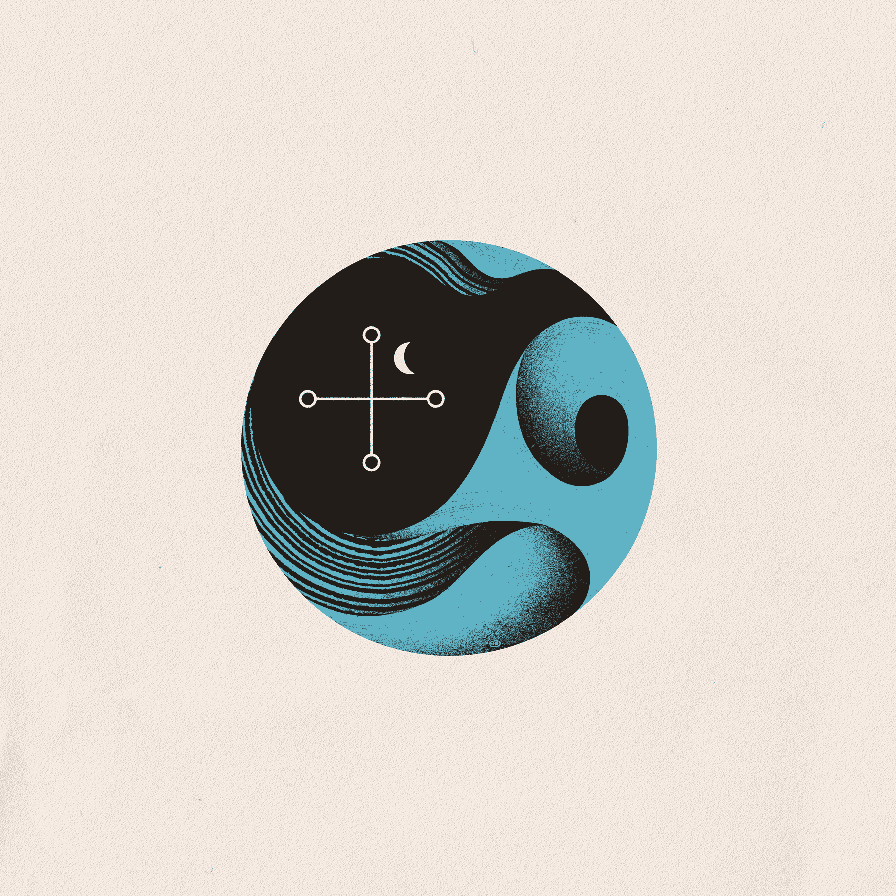 A stylized and textured wave of water wraps around a moon and sigil within a circular composition.