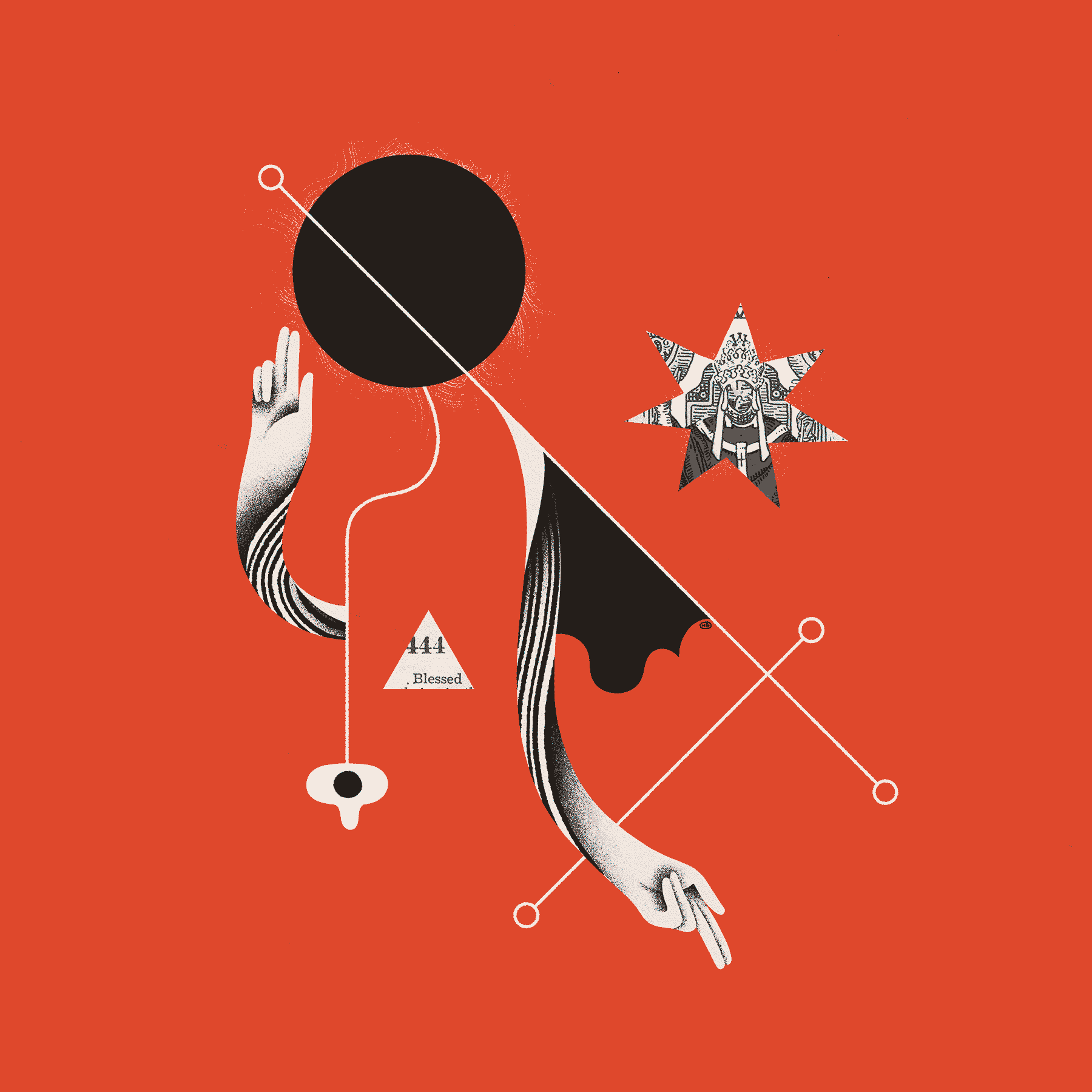 A sigil and collage from tarot and the Bible fill shapes on a red background, along with a black circle and clouds. Two hands emerge from the sigil to make 'as above' and 'so below' gestures.