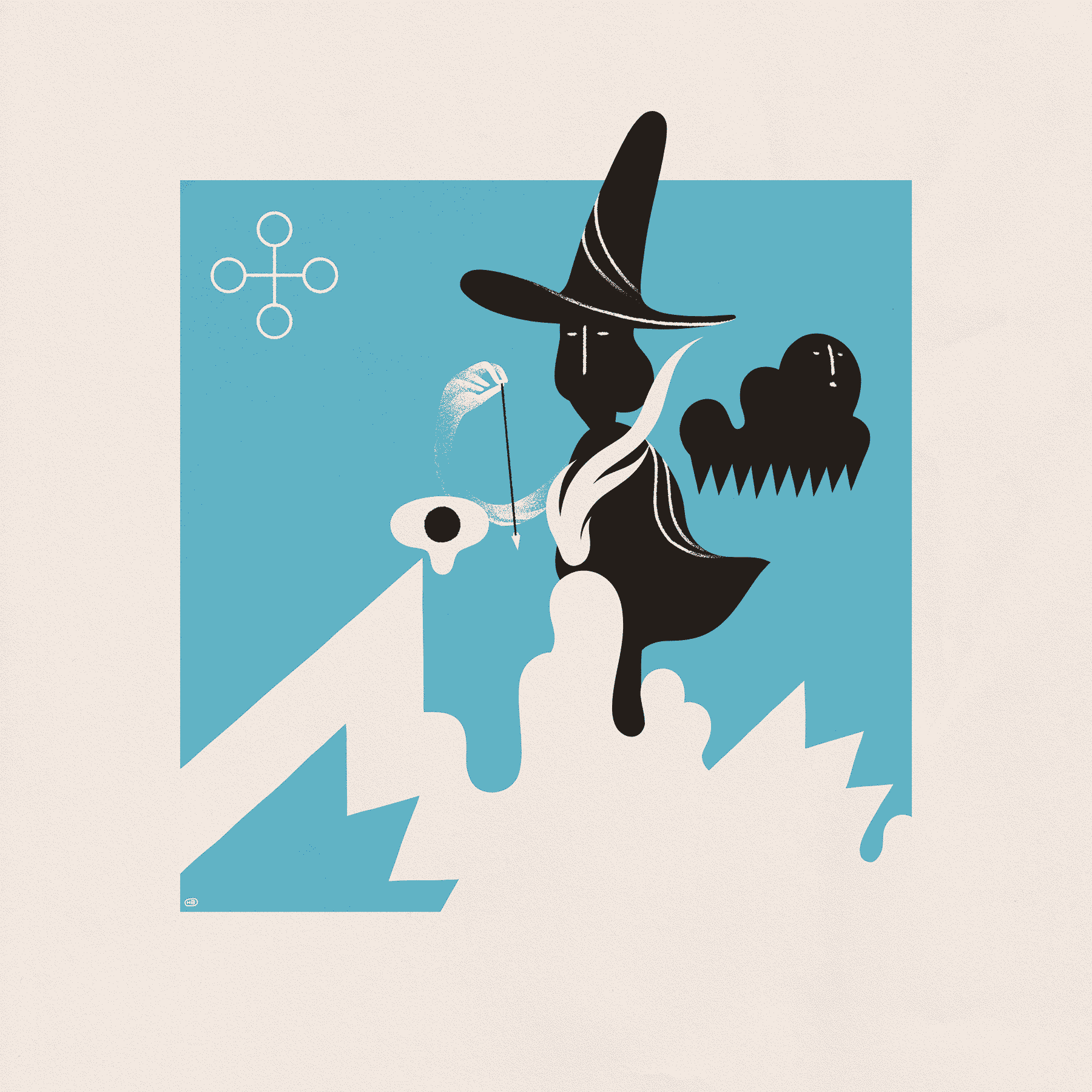 A shadowy figure with a tall hat and cloak performs divination over some abstract shapes. A cloud-like entity and sigil hover behind on a light blue background.
