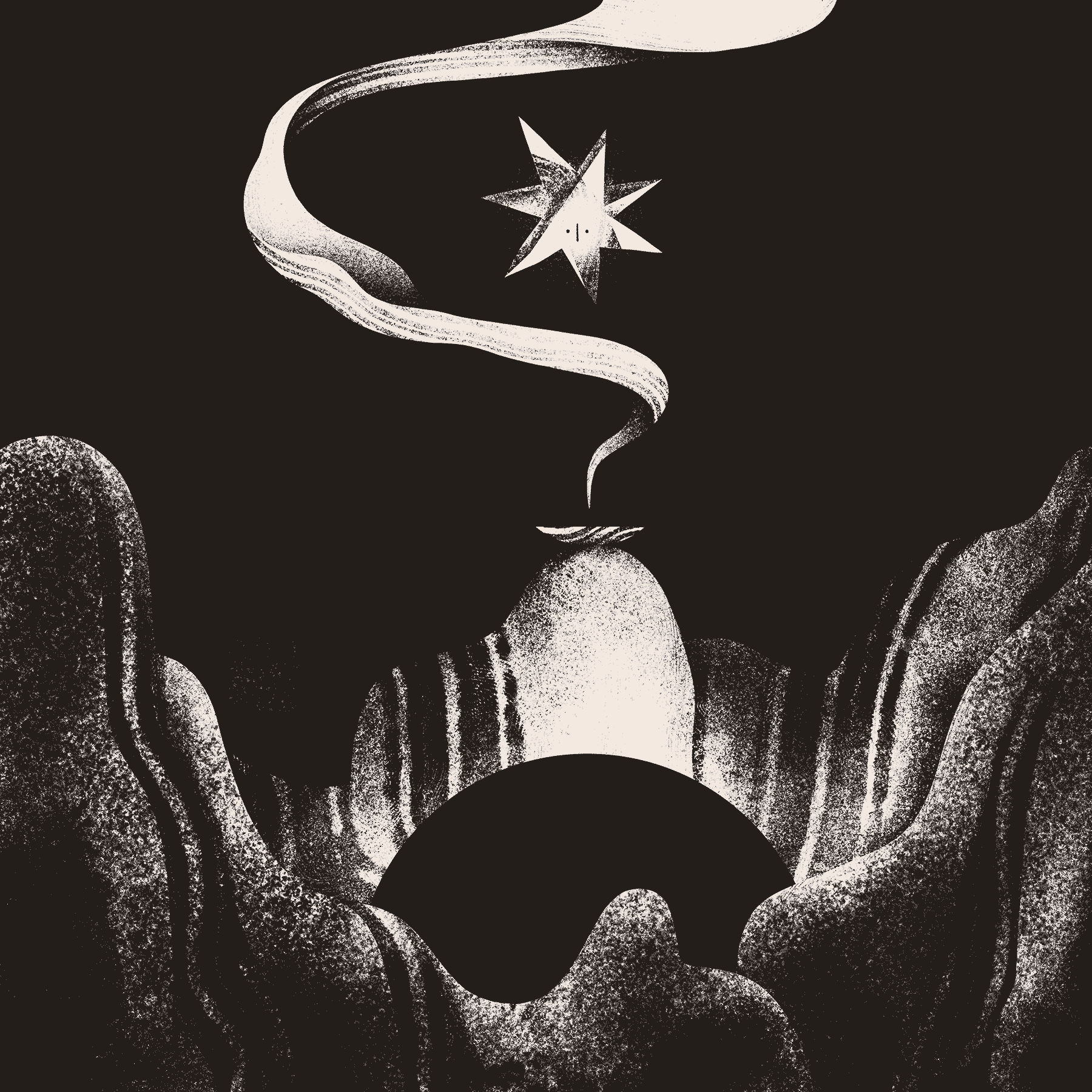 A star-like entity descends down a spiraling column of smoke to inspect an orb-shaped void in an otherwise textured landscape.