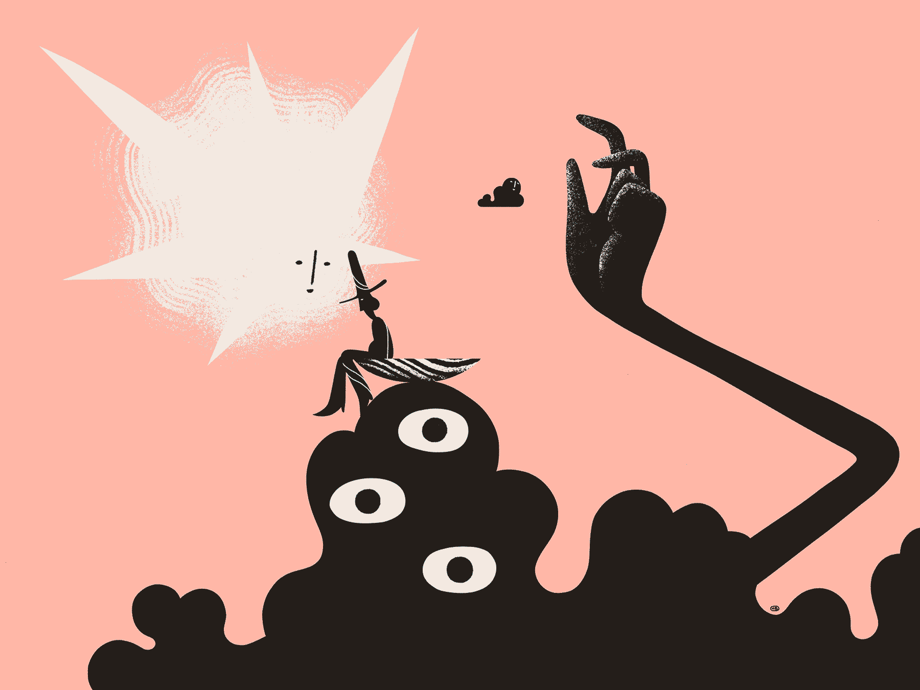 A magician sits on an offering bowl upon a cloud-like entity. The entity reaches upward toward the magician's cloud-like companion, and a star-like entity leans in to whisper to the magician. 