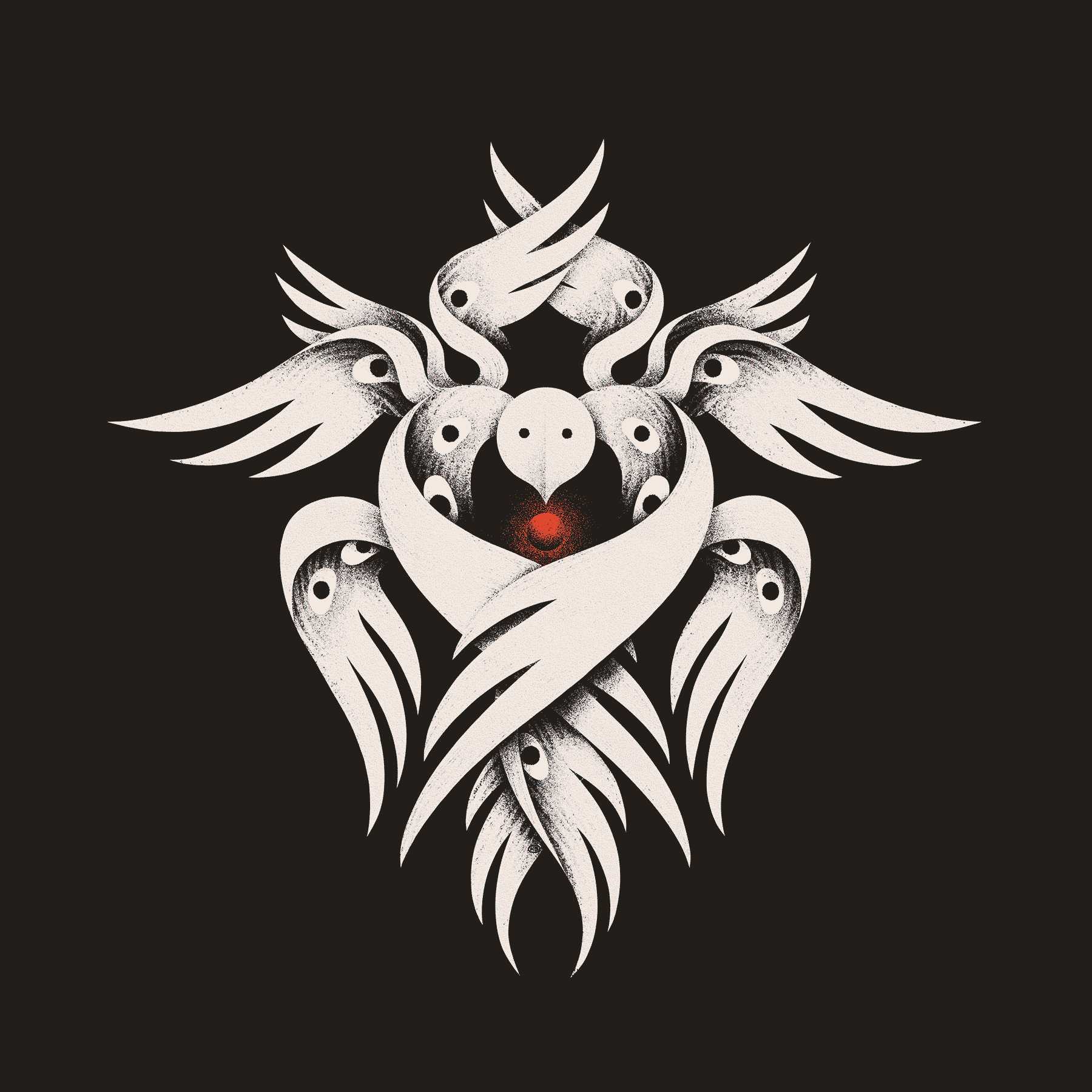 An interpretation of a drawn angel from the opening of Evangelion. Twelve many-eyed wings surround a bird-like mask, and all surround a small red sphere.