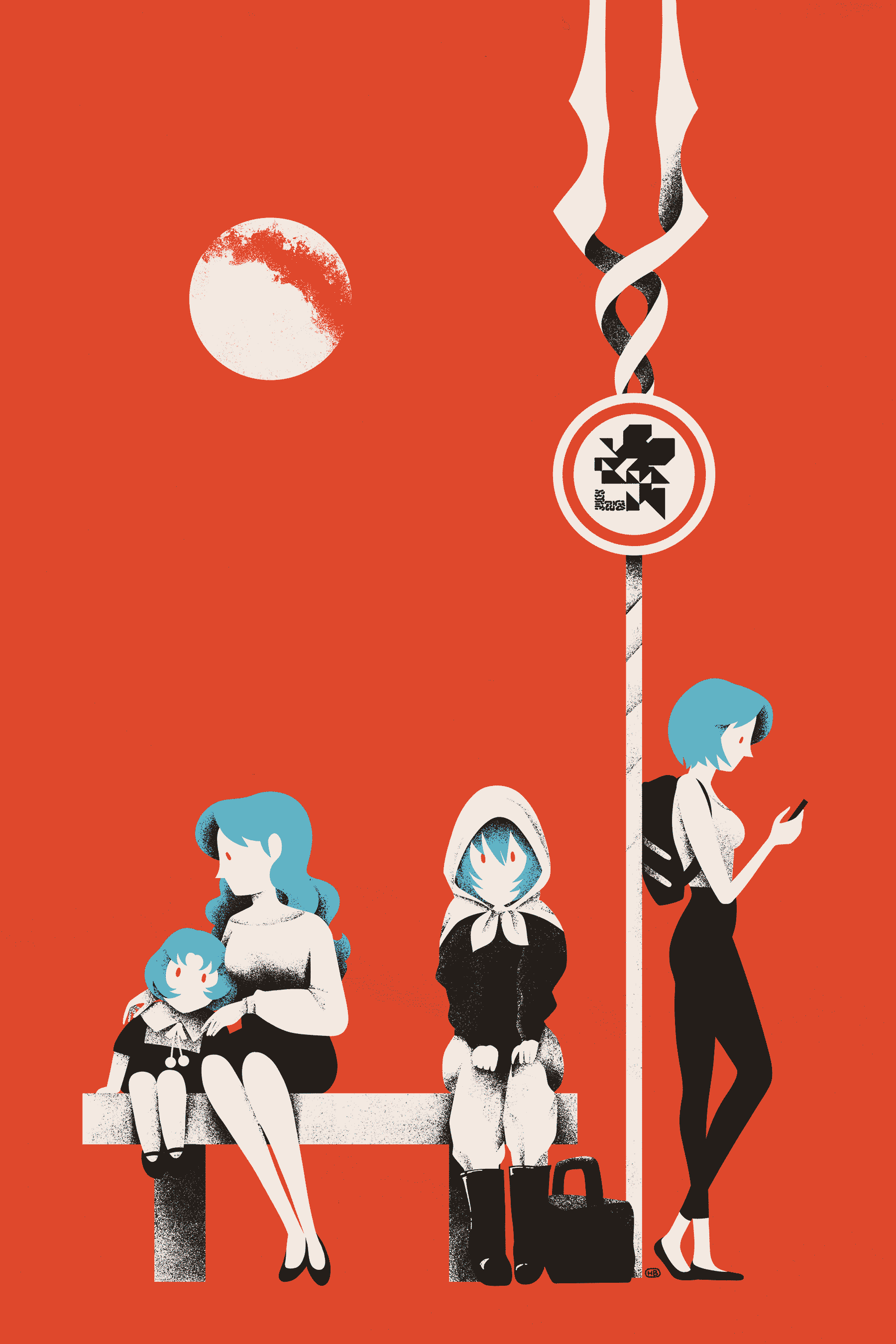Multiple versions of Rei Ayanami wait at a bus stop. The signage is held aloft on a Lance of Longinus, and the sign contains the NERV logo.