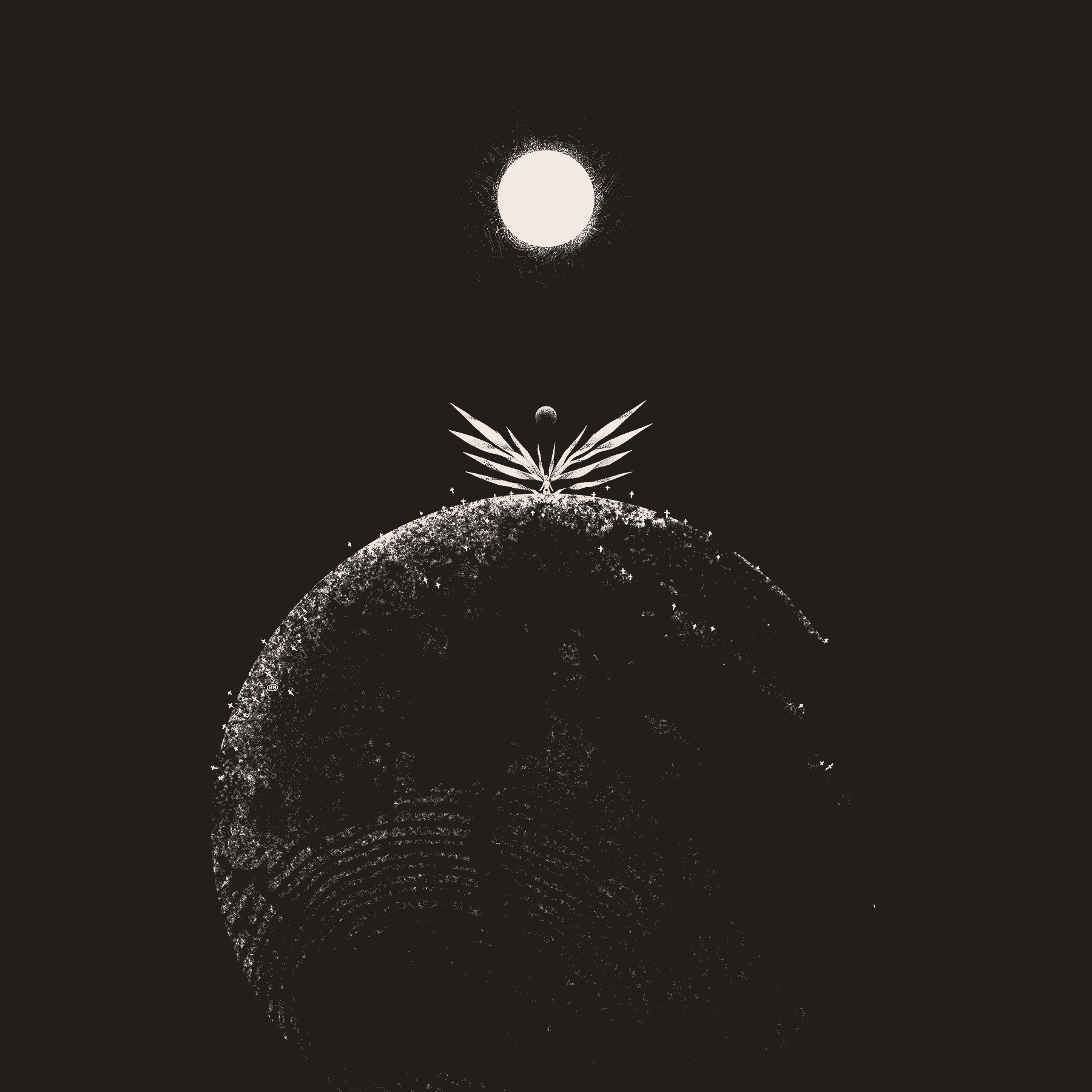 A black and white, stylized depiction of the Third Impact from the movie End of Evangelion. Earth is seen from a distance, and a massive woman with multi-faceted wings rises from the surface toward the moon.