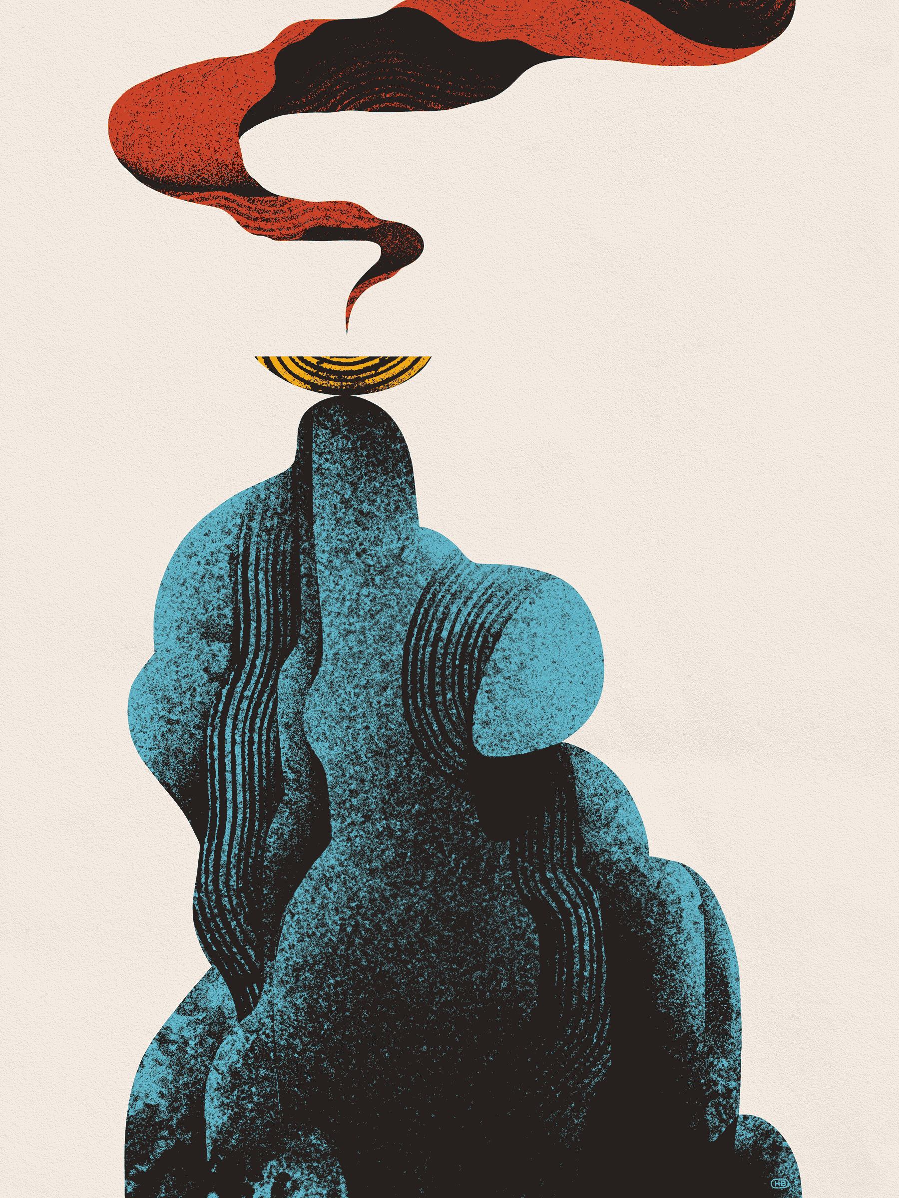 A blue abstract altar that could be interpeted as a truncated human figure holds aloft a gold offering bowl with red smoke rising from it.
