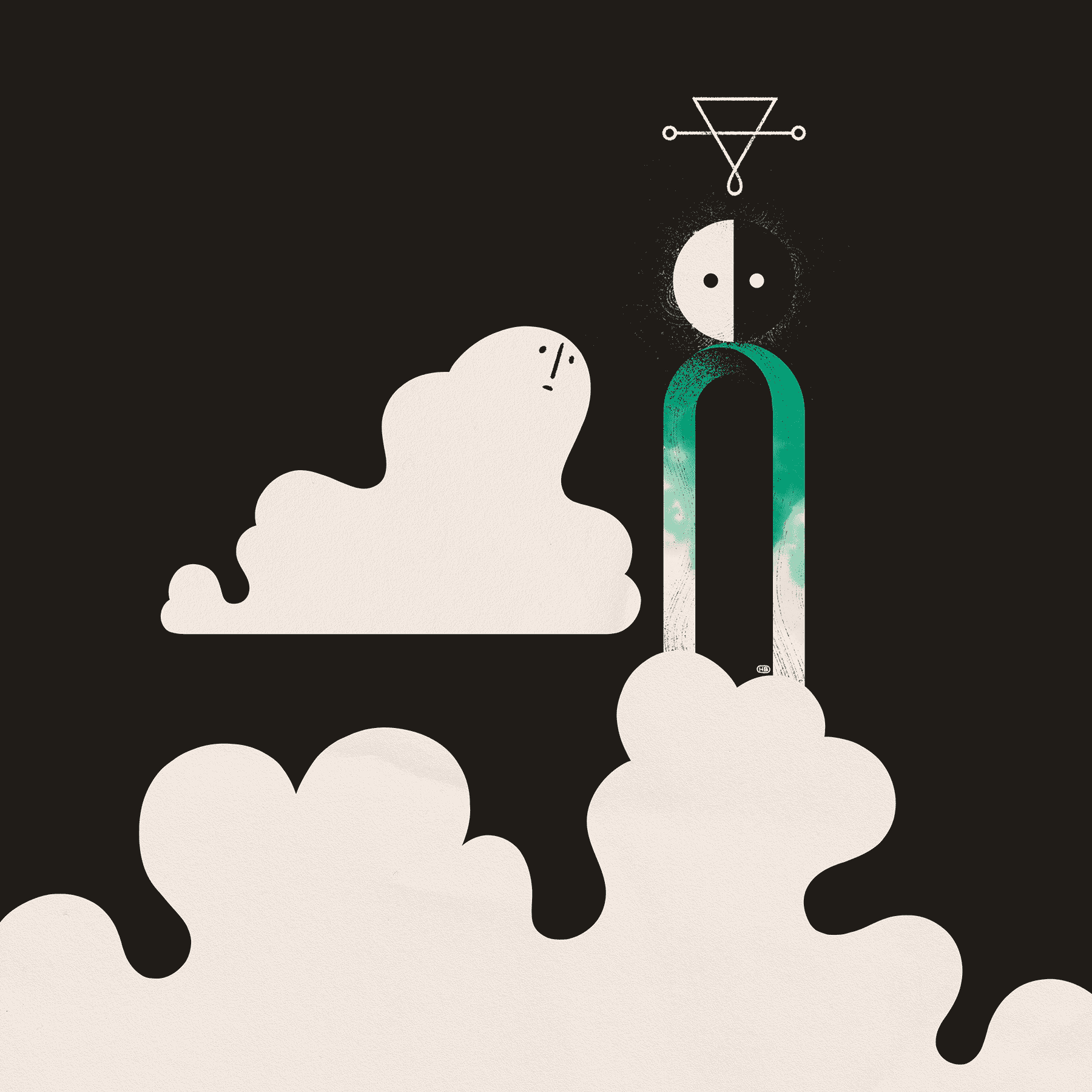 A cloud-like entity observes an archway topped with a mask and sigil. The archway is slowly being turned green.
