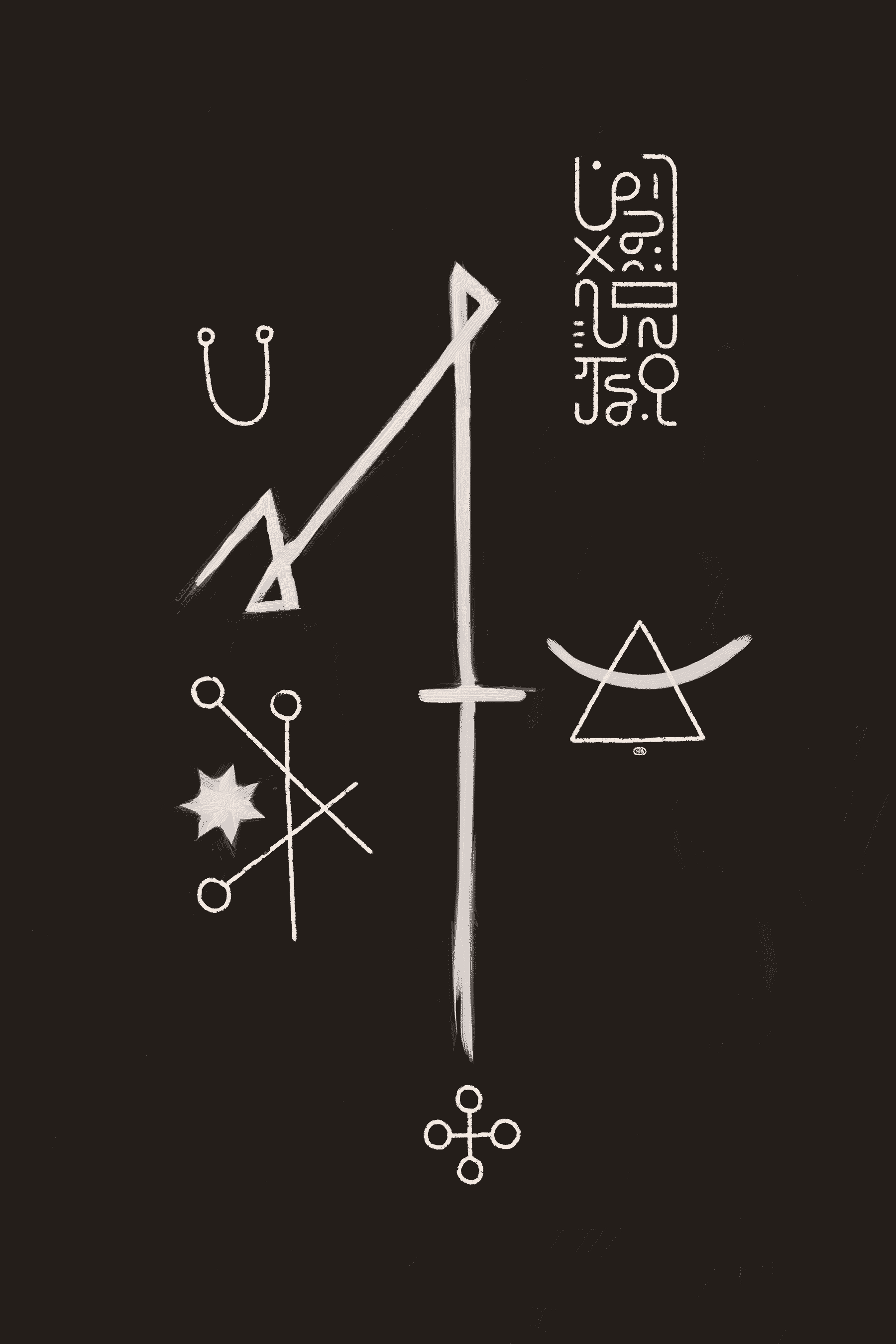 A roughly drawn, angular sigil is surrounded by a variety of other simple sigils and a block of asemic text.